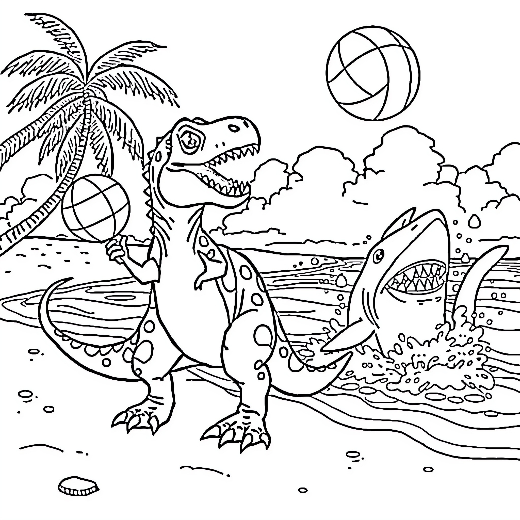 Dino beach party with beach balls and palm tree Coloring Page (free black-and-white line drawing printable PDF for all, from beginners to advanced learners, including children, teens, adults, and seniors)