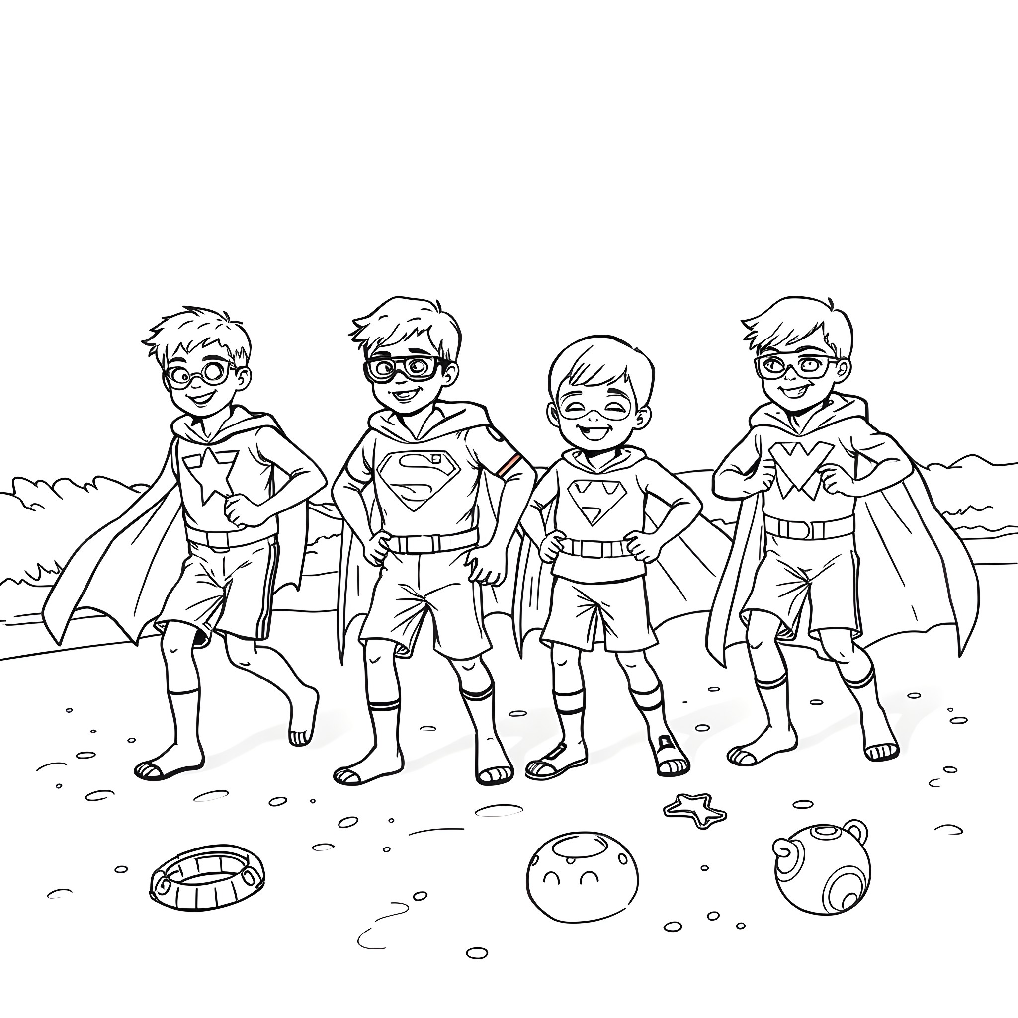 Boy superheroes playing on the beach Coloring Page (free black-and-white line drawing printable PDF for all, from beginners to advanced learners, including children, teens, adults, and seniors)