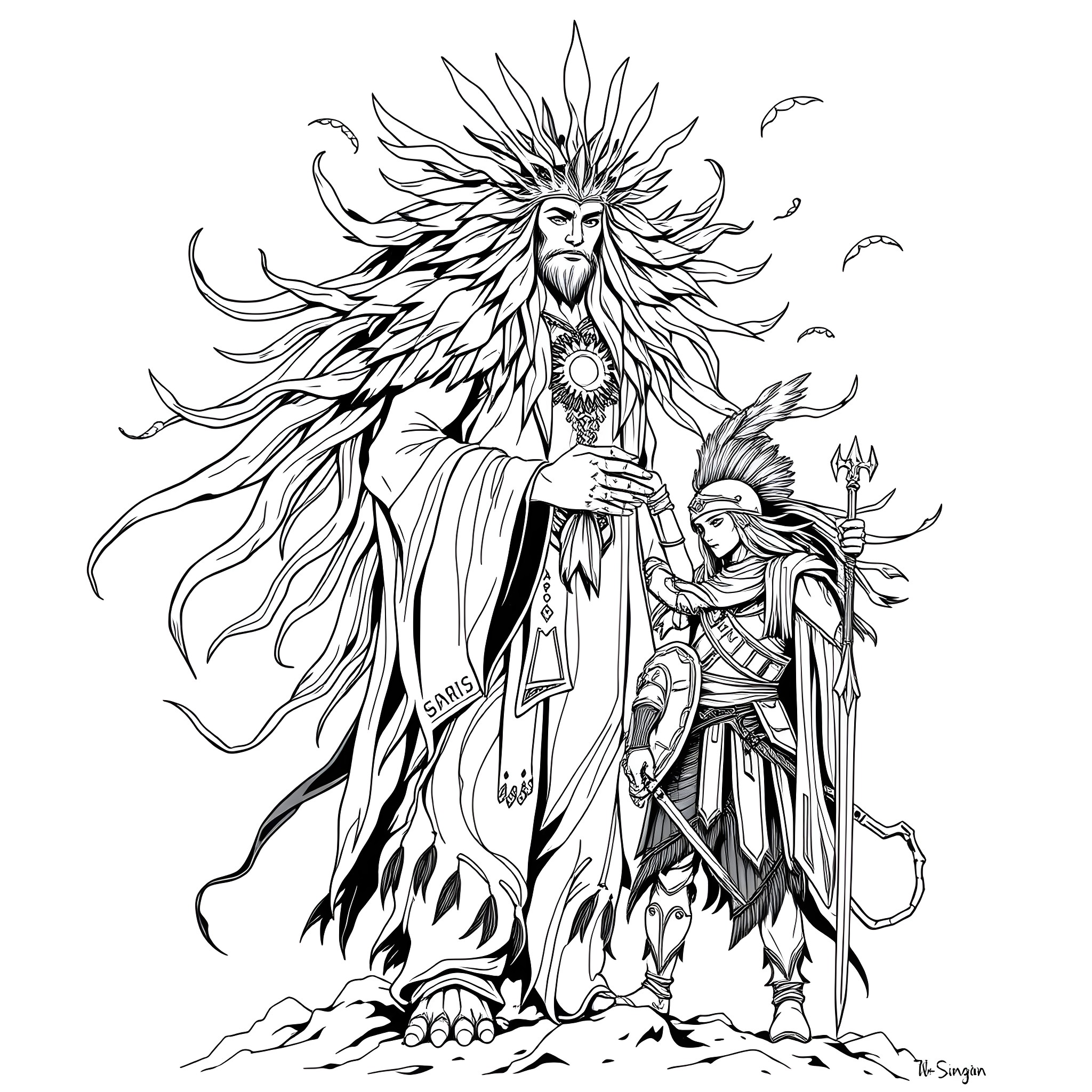 Spirit of ancient warrior tribes and shamans Coloring Page (free black-and-white line drawing printable PDF for all, from beginners to advanced learners, including children, teens, adults, and seniors)