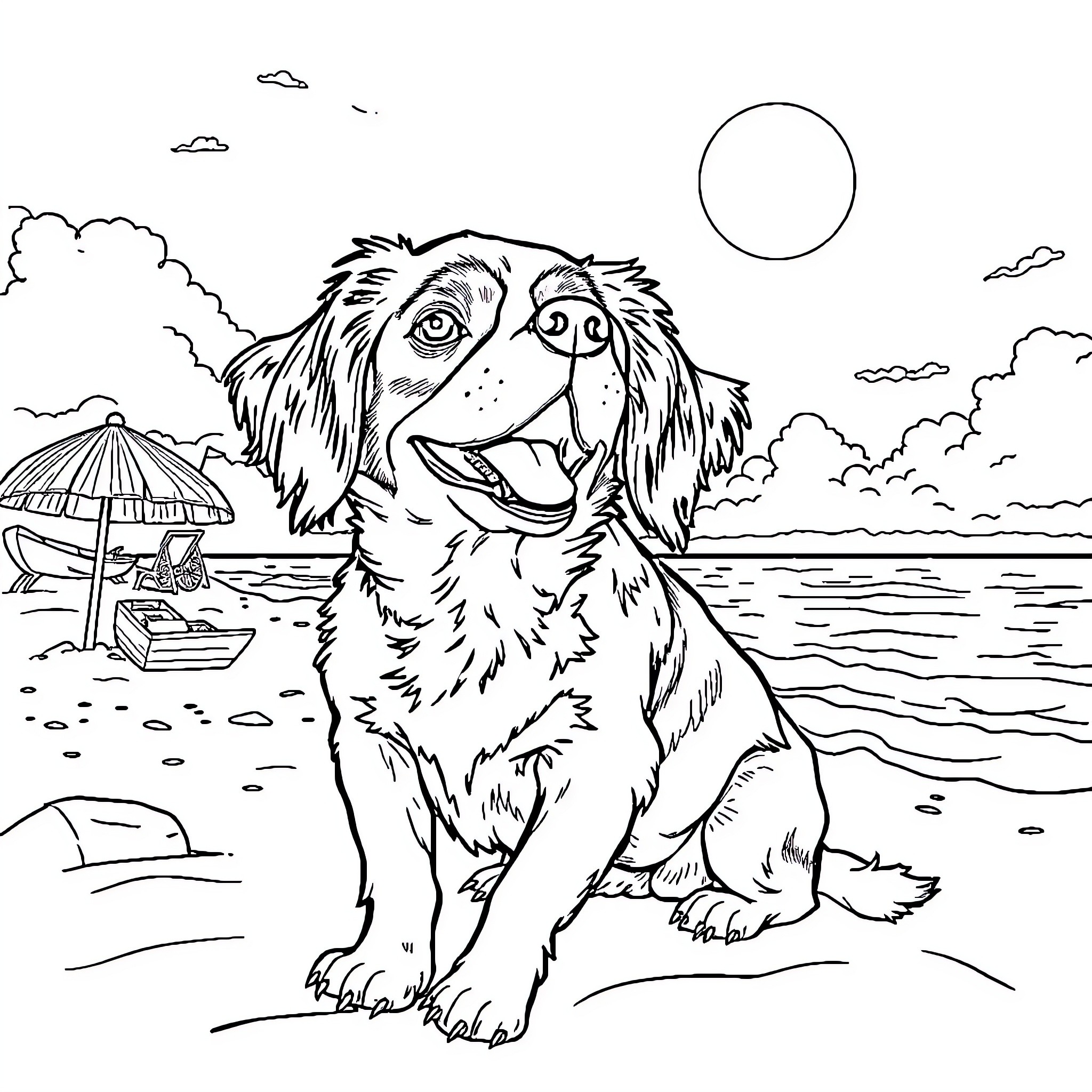 King Charles Cavalier Enjoying Beach Scenery Coloring Page (free black-and-white line drawing printable PDF for all, from beginners to advanced learners, including children, teens, adults, and seniors)