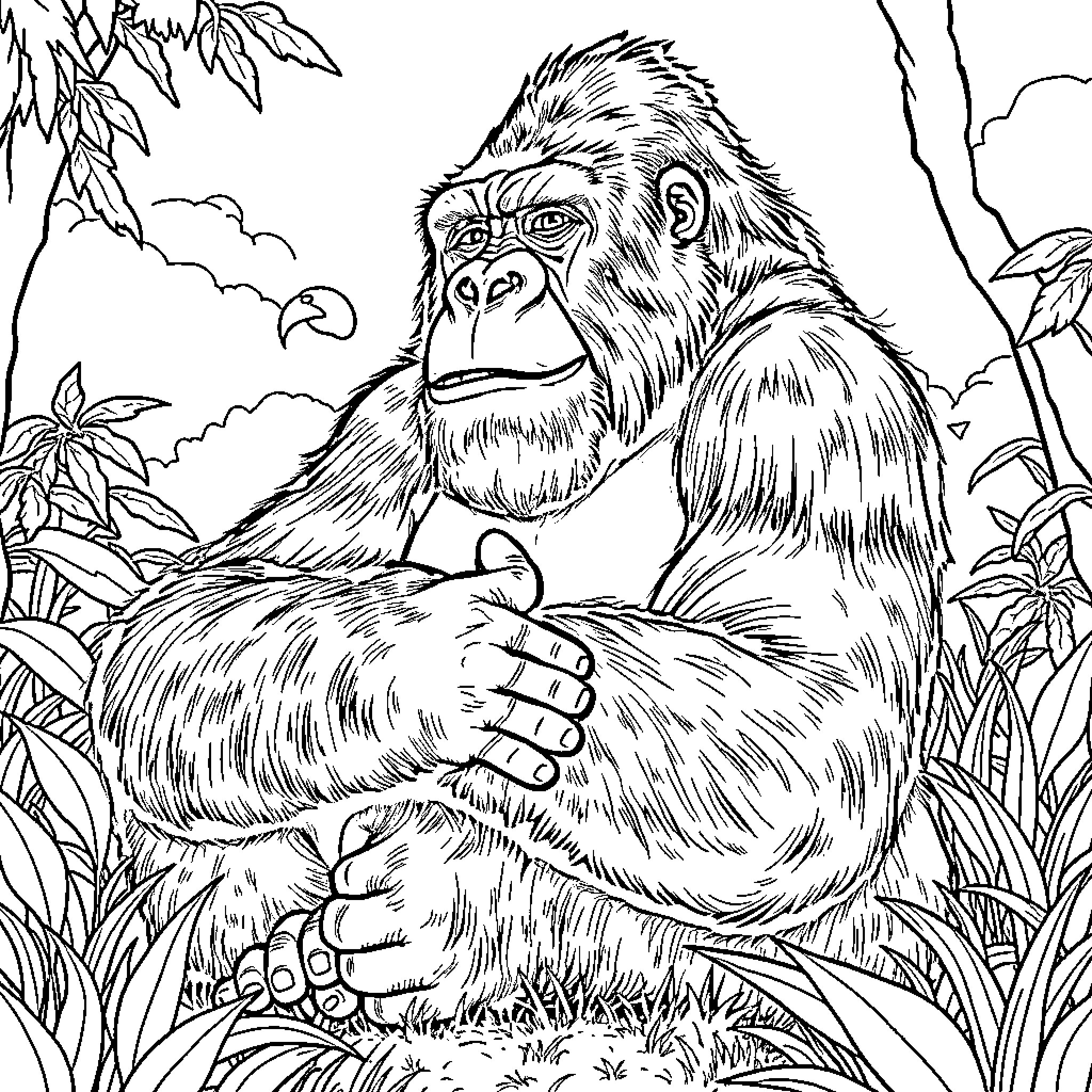 Gorilla sitting thoughtfully in the jungle Coloring Page (free black-and-white line drawing printable PDF for all, from beginners to advanced learners, including children, teens, adults, and seniors)