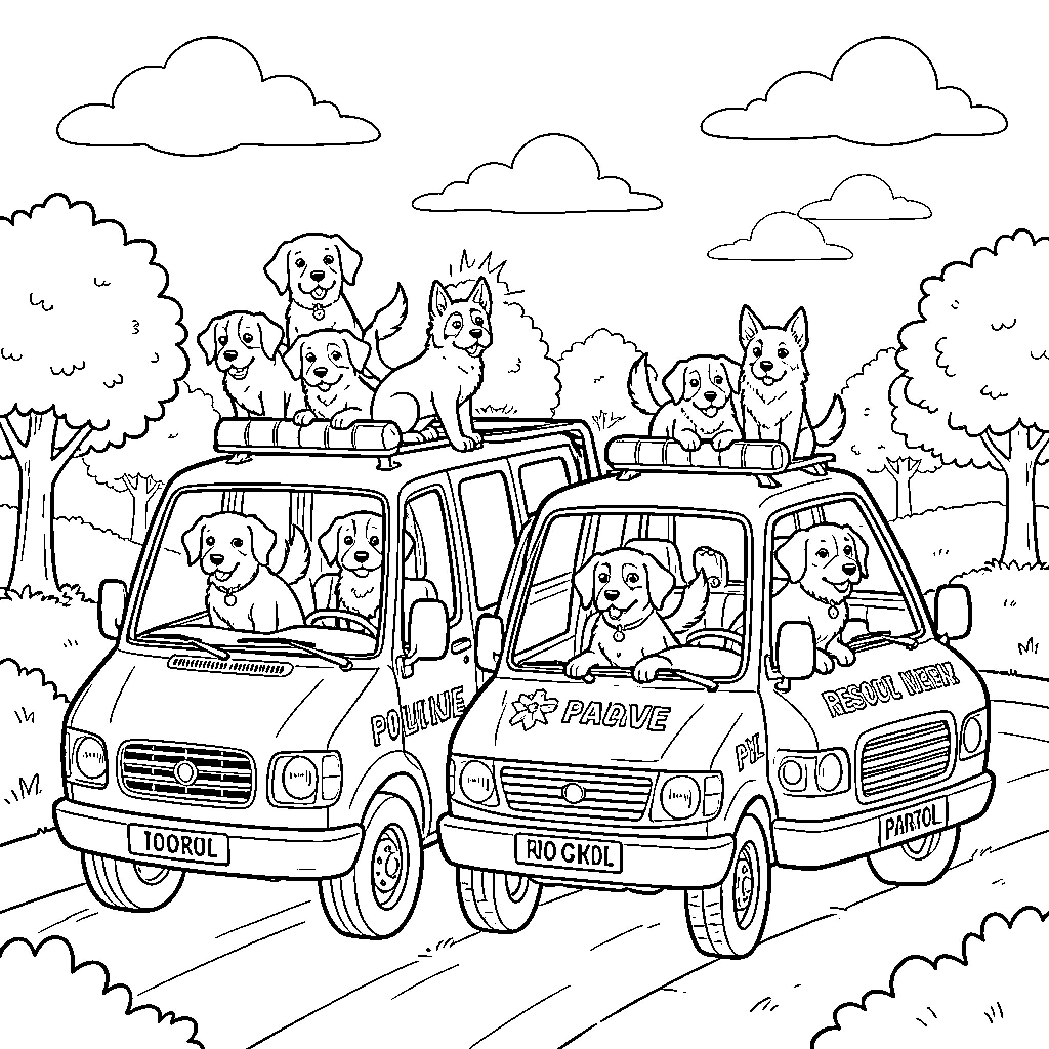 Paw Patrol pups riding in their rescue vehicles Coloring Page (free black-and-white line drawing printable PDF for all, from beginners to advanced learners, including children, teens, adults, and seniors)