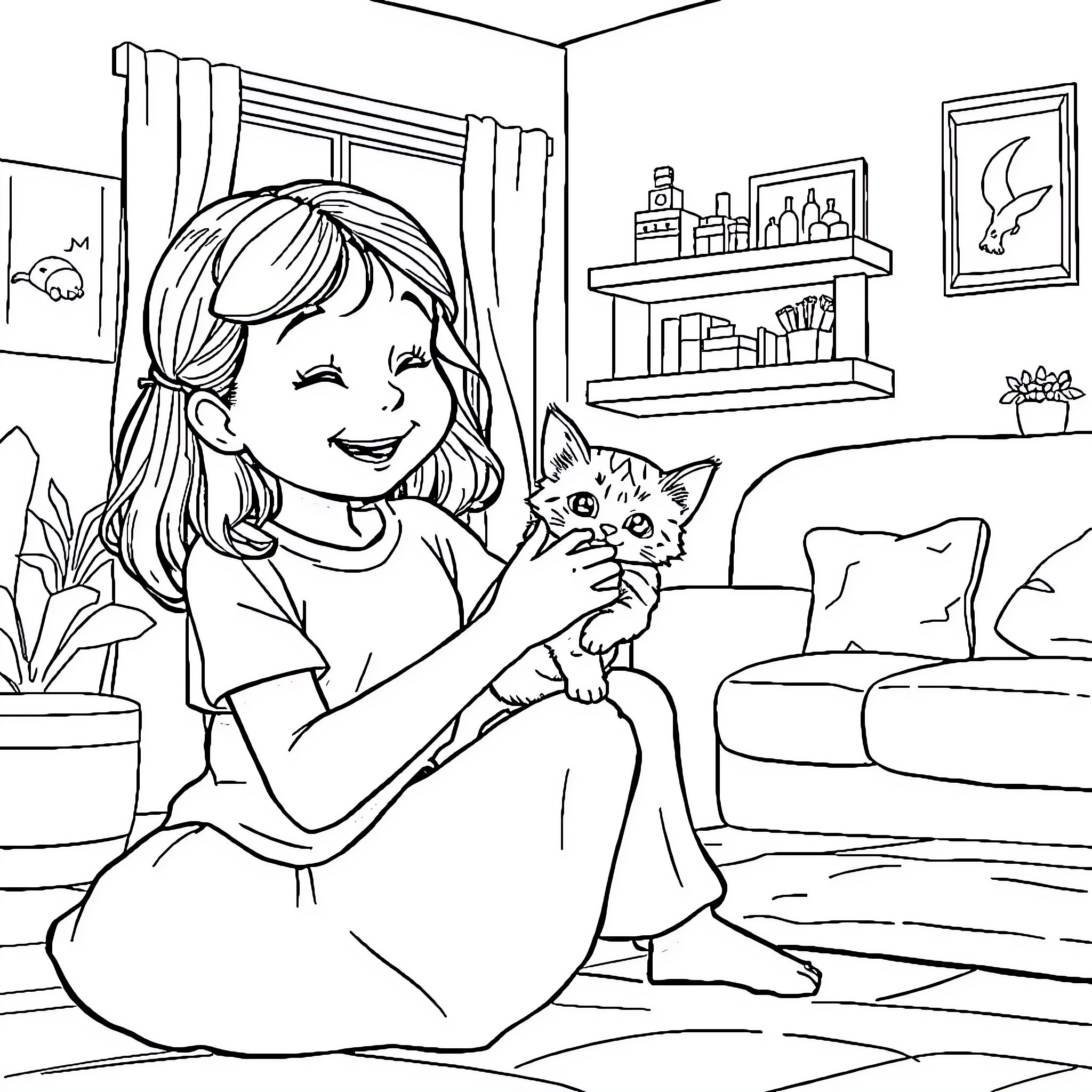 Girl playing with her pet cat in the living room Coloring Page (free black-and-white line drawing printable PDF for all, from beginners to advanced learners, including children, teens, adults, and seniors)