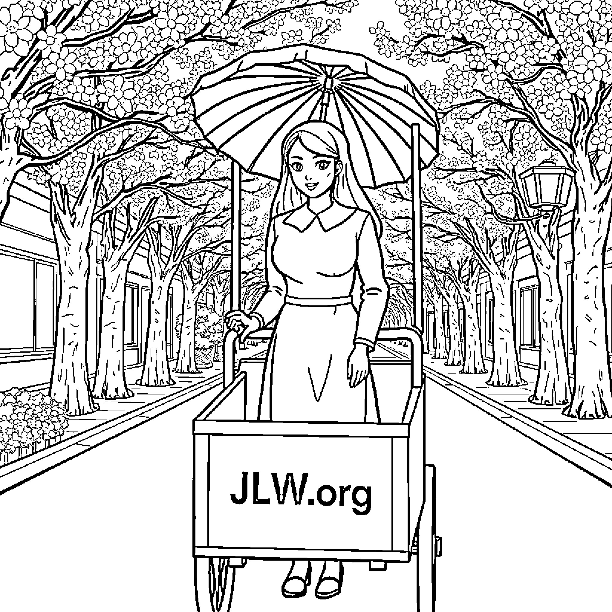 Sister walking down a scenic path with an umbrella Coloring Page (free black-and-white line drawing printable PDF for all, from beginners to advanced learners, including children, teens, adults, and seniors)