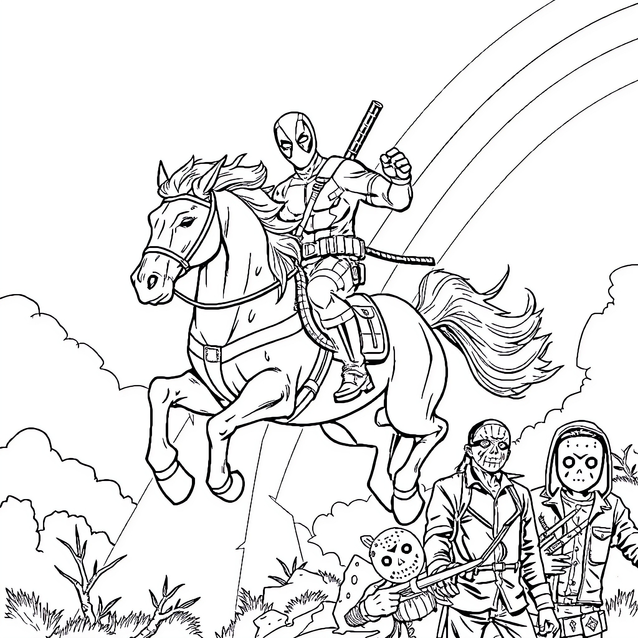 Deadpool's Heroic Equestrian Adventure Coloring Page (free black-and-white line drawing printable PDF for all, from beginners to advanced learners, including children, teens, adults, and seniors)
