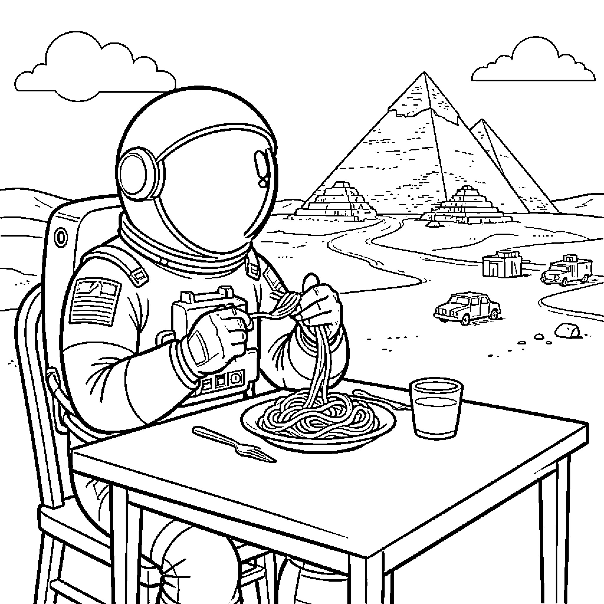 Astronaut eating spaghetti at a table in a desert Coloring Page (free black-and-white line drawing printable PDF for all, from beginners to advanced learners, including children, teens, adults, and seniors)