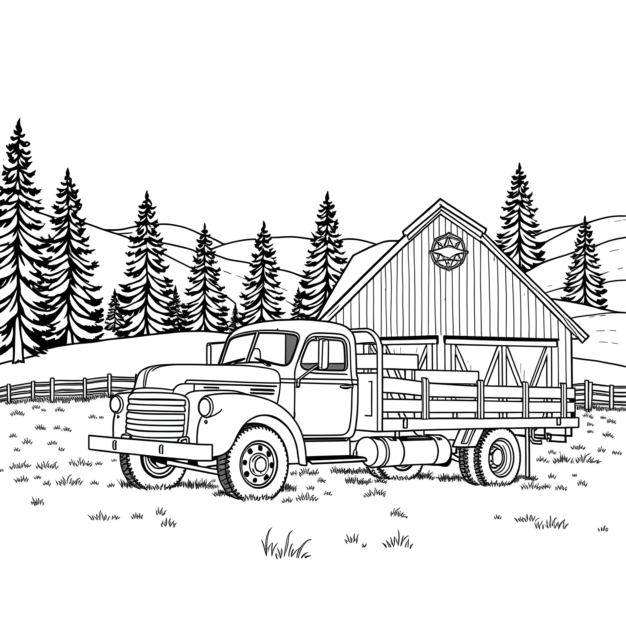Flatbed truck hauling logs near rustic barn Coloring Page (free black-and-white line drawing printable PDF for all, from beginners to advanced learners, including children, teens, adults, and seniors)