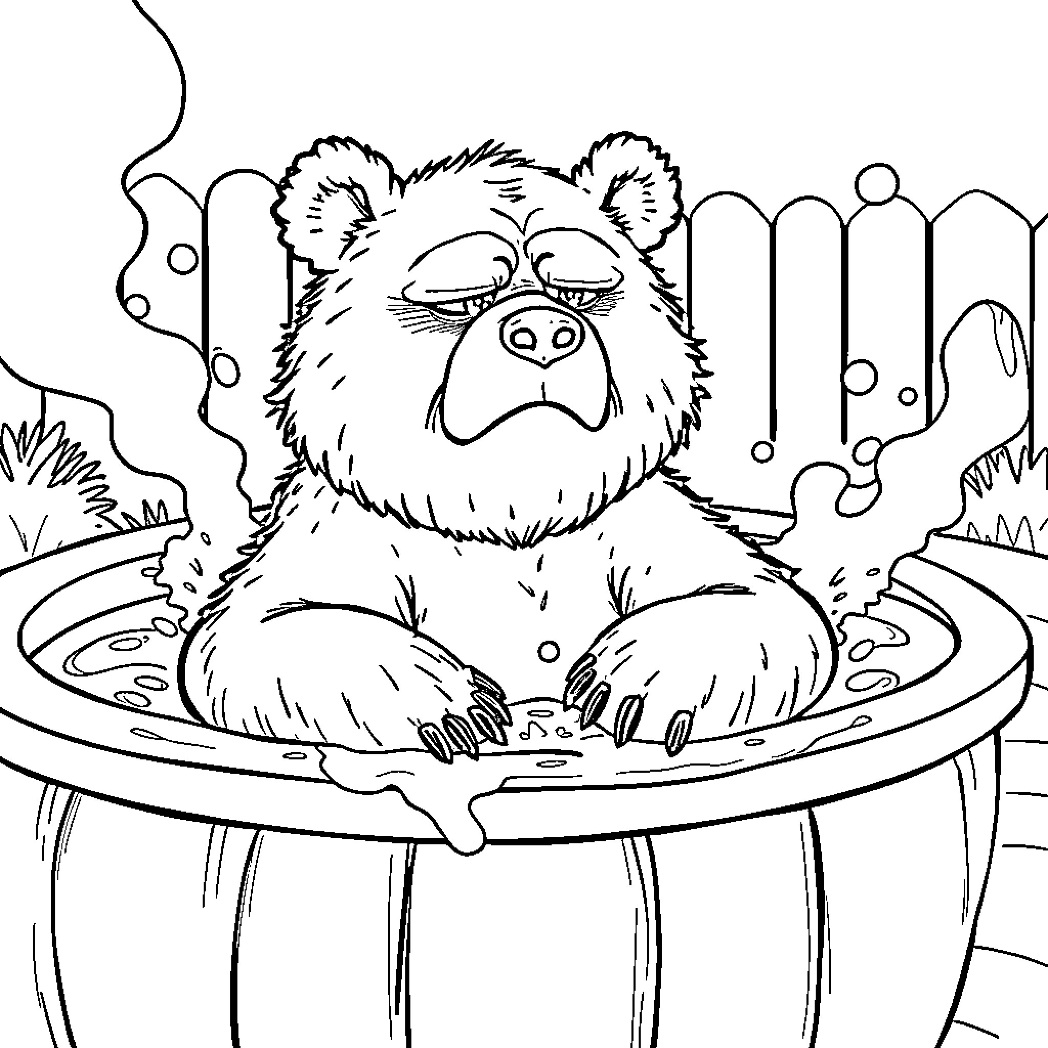 Bear relaxing in a bubbling tub Coloring Page (free black-and-white line drawing printable PDF for all, from beginners to advanced learners, including children, teens, adults, and seniors)
