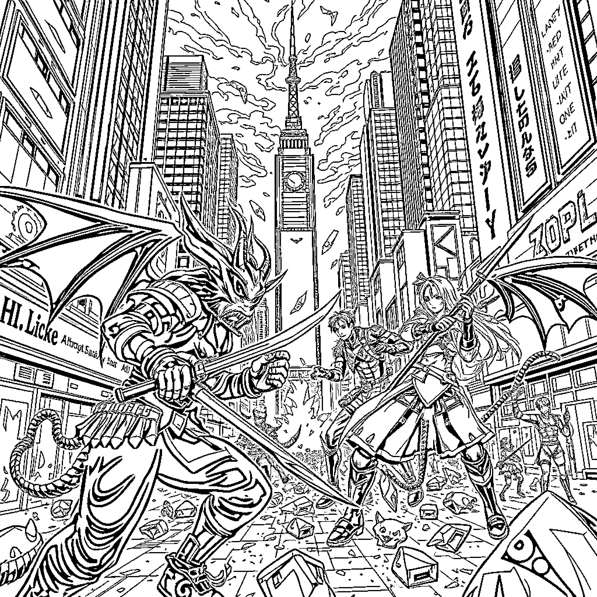 Kpop Demon Hunter Battles in Futuristic Cityscape Coloring Page (free black-and-white line drawing printable PDF for all, from beginners to advanced learners, including children, teens, adults, and seniors)