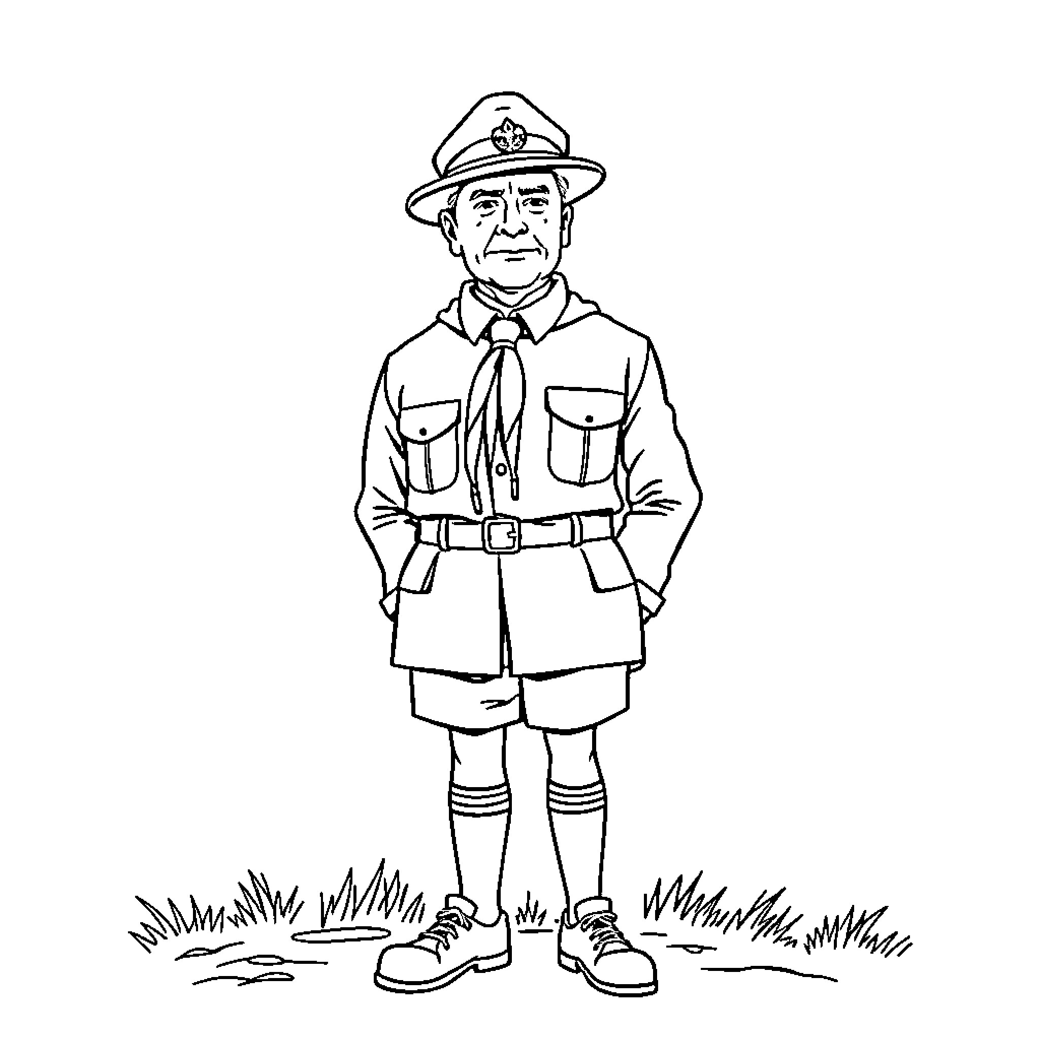 Baden Powell in Scout Uniform and Accessories Coloring Page (free black-and-white line drawing printable PDF for all, from beginners to advanced learners, including children, teens, adults, and seniors)