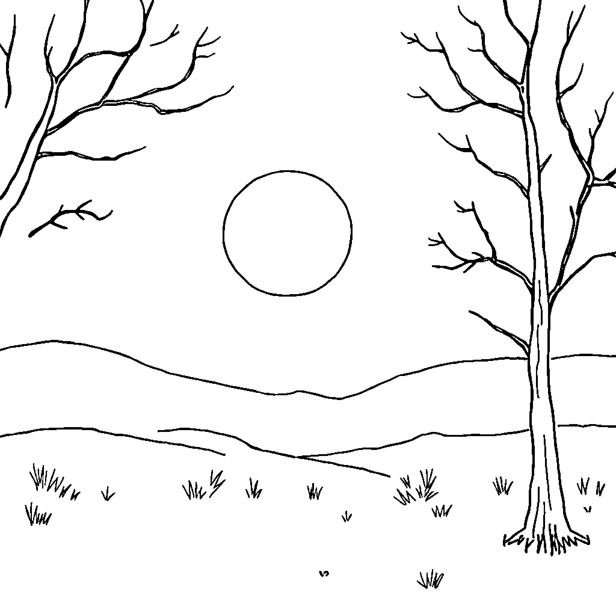 Dog's silhouette in winter landscape Coloring Page (free black-and-white line drawing printable PDF for all, from beginners to advanced learners, including children, teens, adults, and seniors)