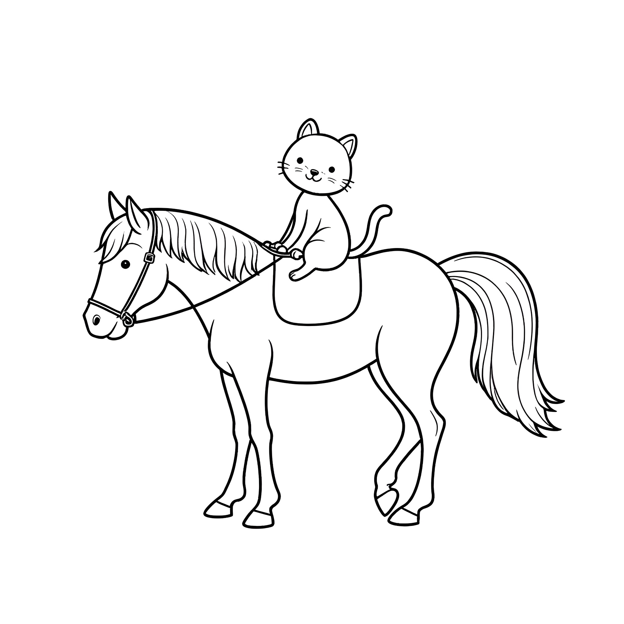 Cat riding a horse playfully Coloring Page (free black-and-white line drawing printable PDF for all, from beginners to advanced learners, including children, teens, adults, and seniors)