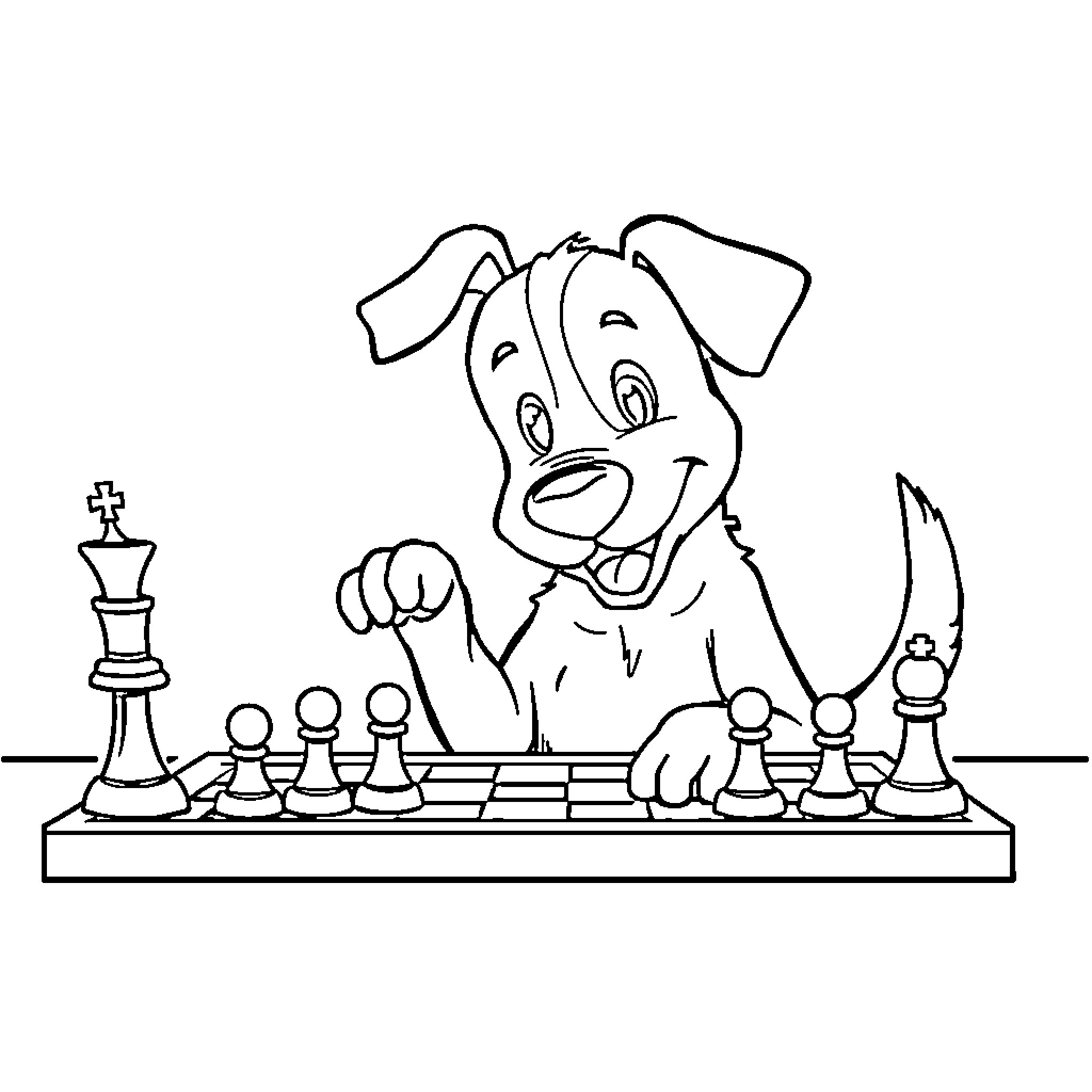 Dog playing chess with enthusiasm Coloring Page (free black-and-white line drawing printable PDF for all, from beginners to advanced learners, including children, teens, adults, and seniors)