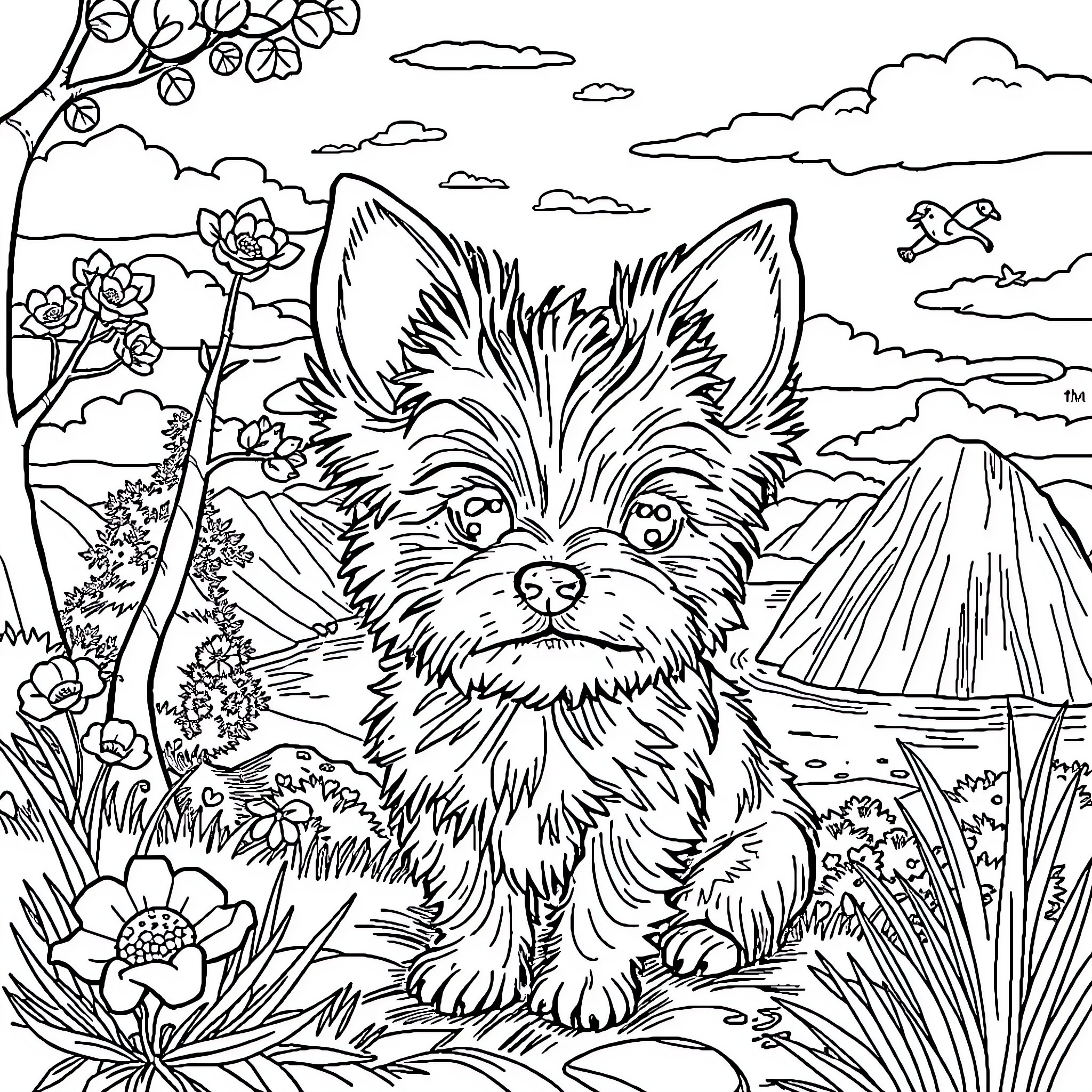 Cachorrinho exploring the beautiful outdoor scenery Coloring Page (free black-and-white line drawing printable PDF for all, from beginners to advanced learners, including children, teens, adults, and seniors)