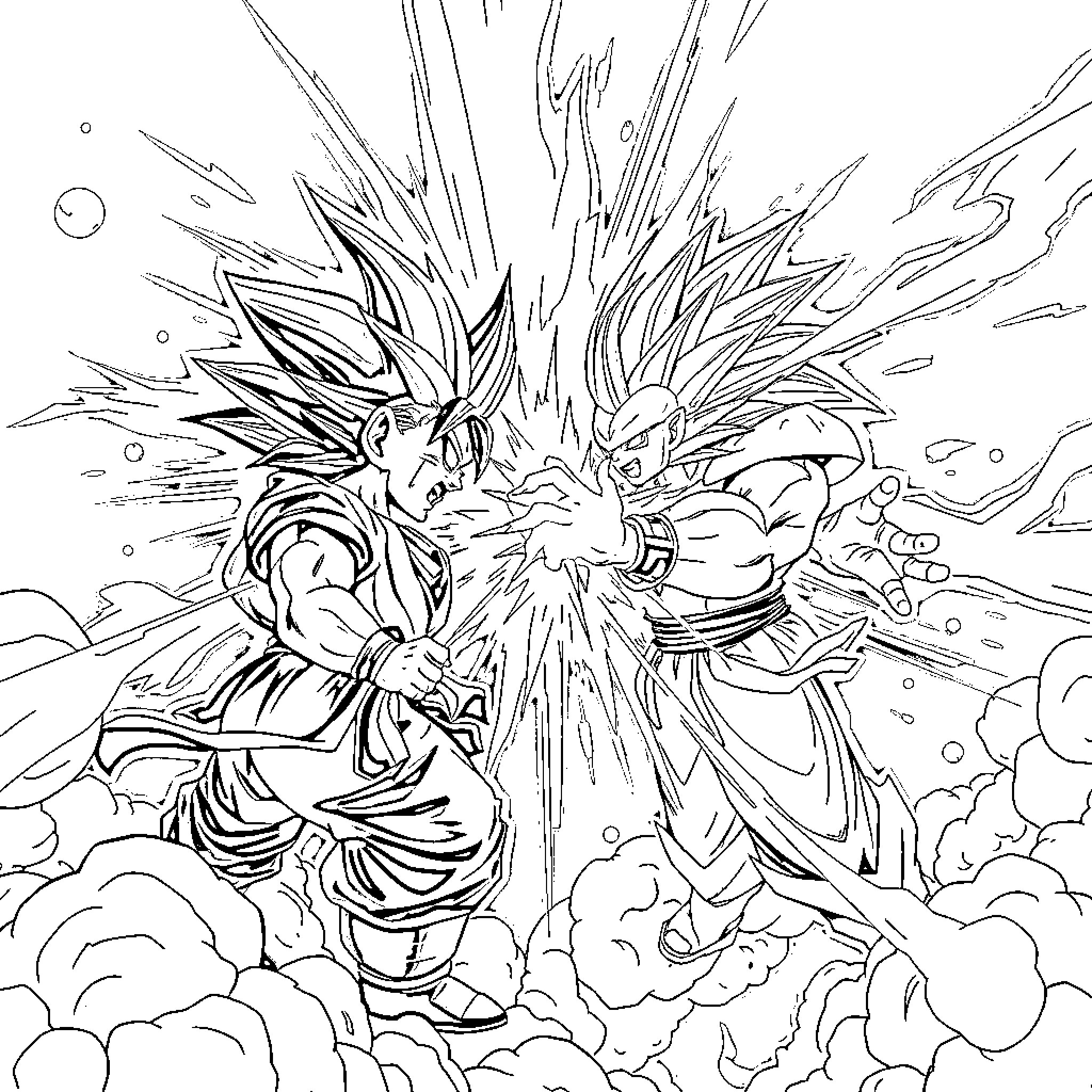 Goku and Vegeta's Intense Battle Coloring Page (free black-and-white line drawing printable PDF for all, from beginners to advanced learners, including children, teens, adults, and seniors)