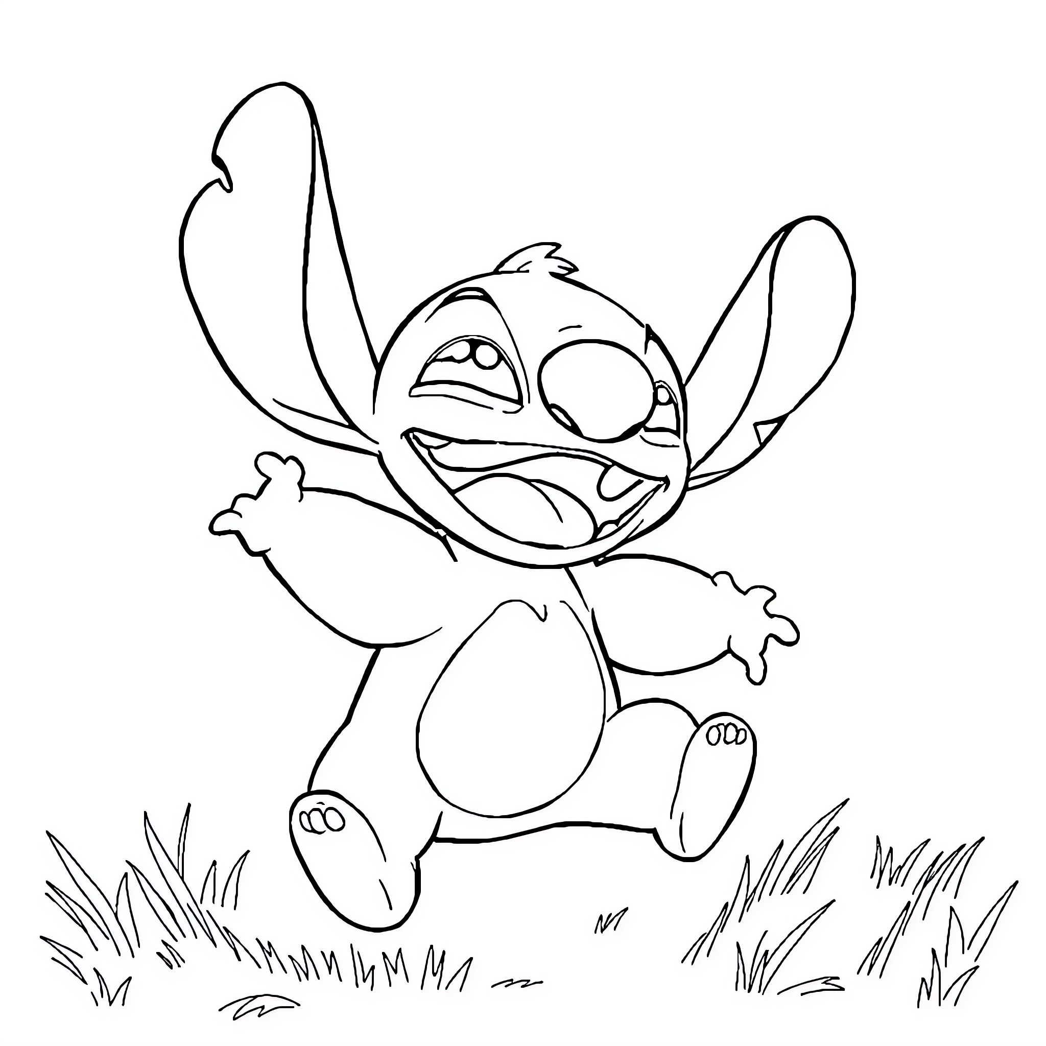 Stitch jumping happily in the grass Coloring Page (free black-and-white line drawing printable PDF for all, from beginners to advanced learners, including children, teens, adults, and seniors)