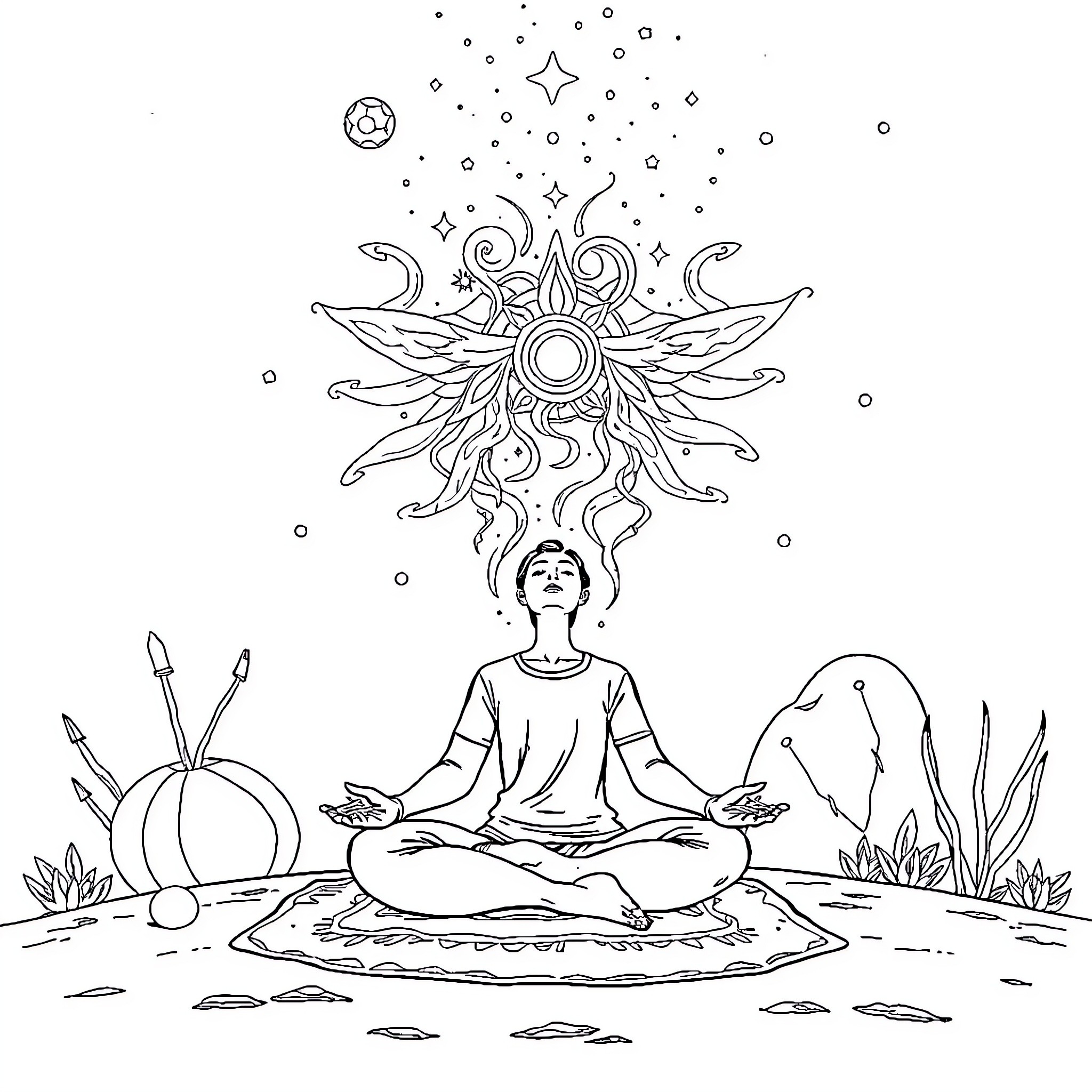 Person meditating in tranquil natural setting Coloring Page (free black-and-white line drawing printable PDF for all, from beginners to advanced learners, including children, teens, adults, and seniors)