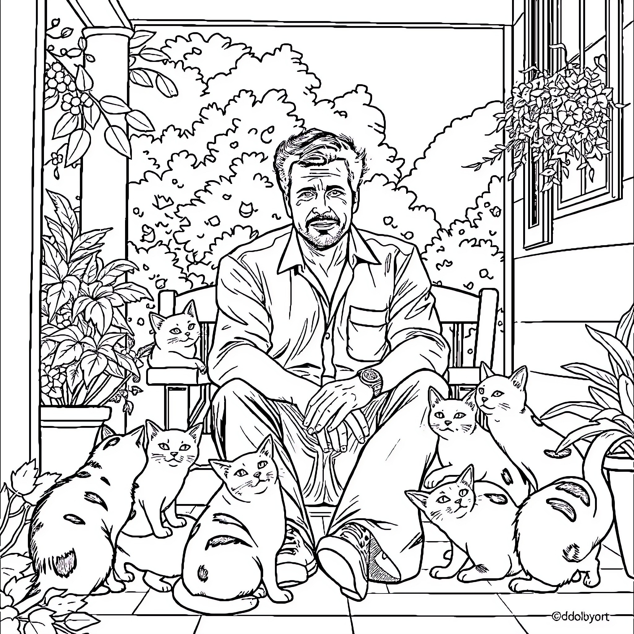 Tom Selleck surrounded by an array of cats in a lush garden setting Coloring Page (free black-and-white line drawing printable PDF for all, from beginners to advanced learners, including children, teens, adults, and seniors)