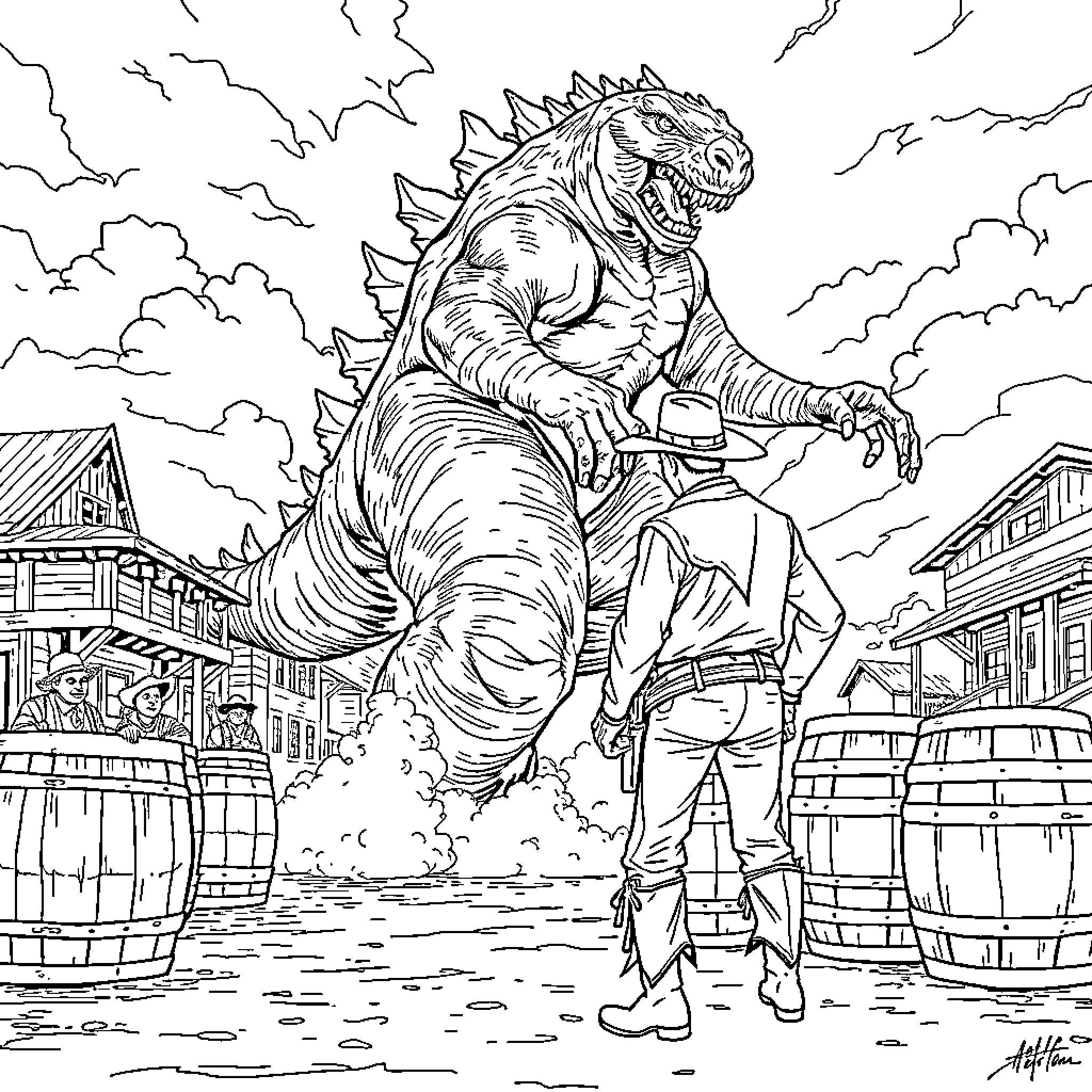 Cowboy facing off against a fearsome monster in the town Coloring Page (free black-and-white line drawing printable PDF for all, from beginners to advanced learners, including children, teens, adults, and seniors)