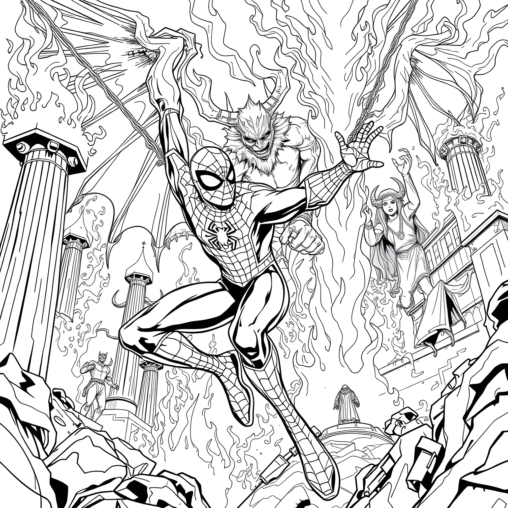 Spider-Man Swinging Through Destruction Coloring Page (free black-and-white line drawing printable PDF for all, from beginners to advanced learners, including children, teens, adults, and seniors)