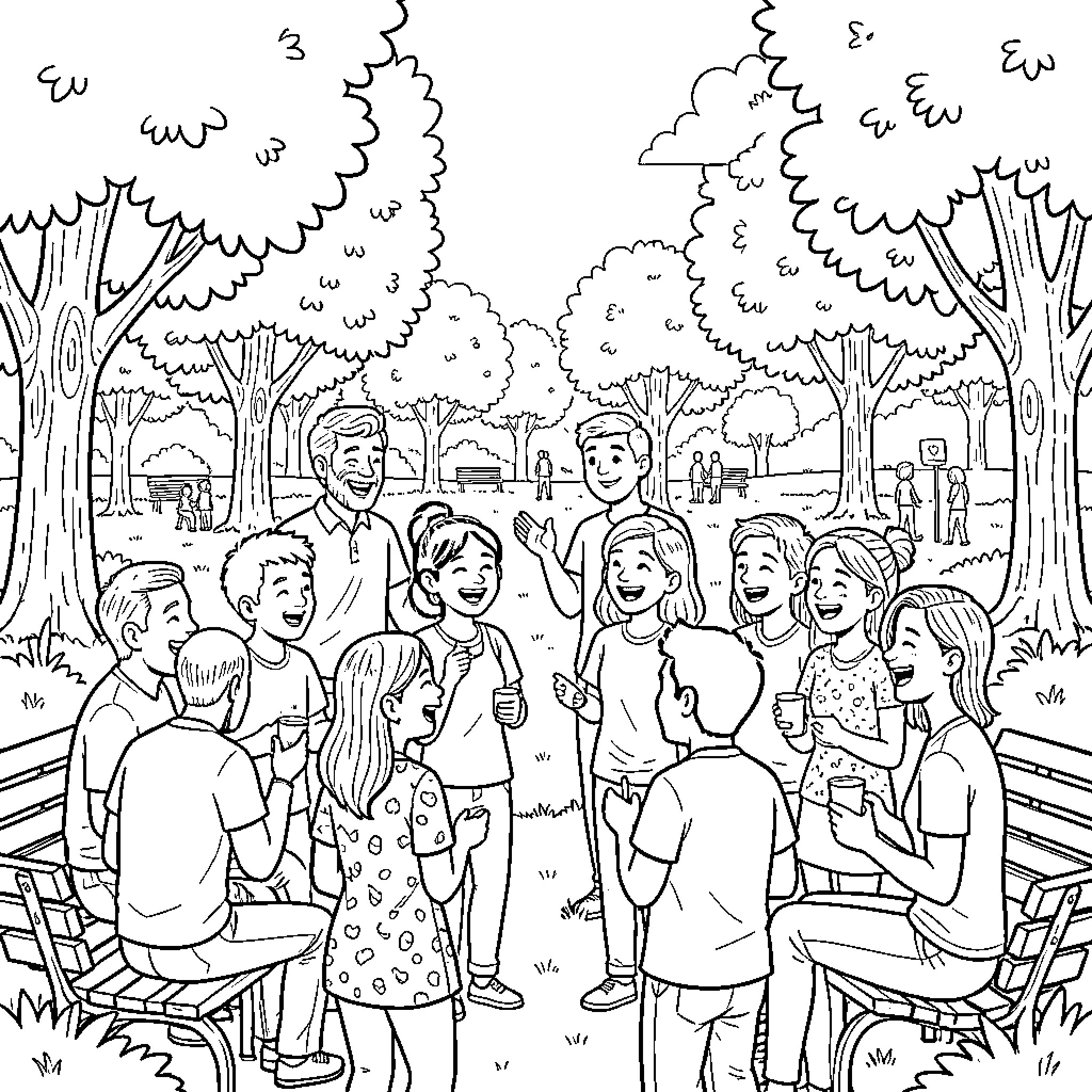 Everyone laughing and talking together in a park Coloring Page (free black-and-white line drawing printable PDF for all, from beginners to advanced learners, including children, teens, adults, and seniors)