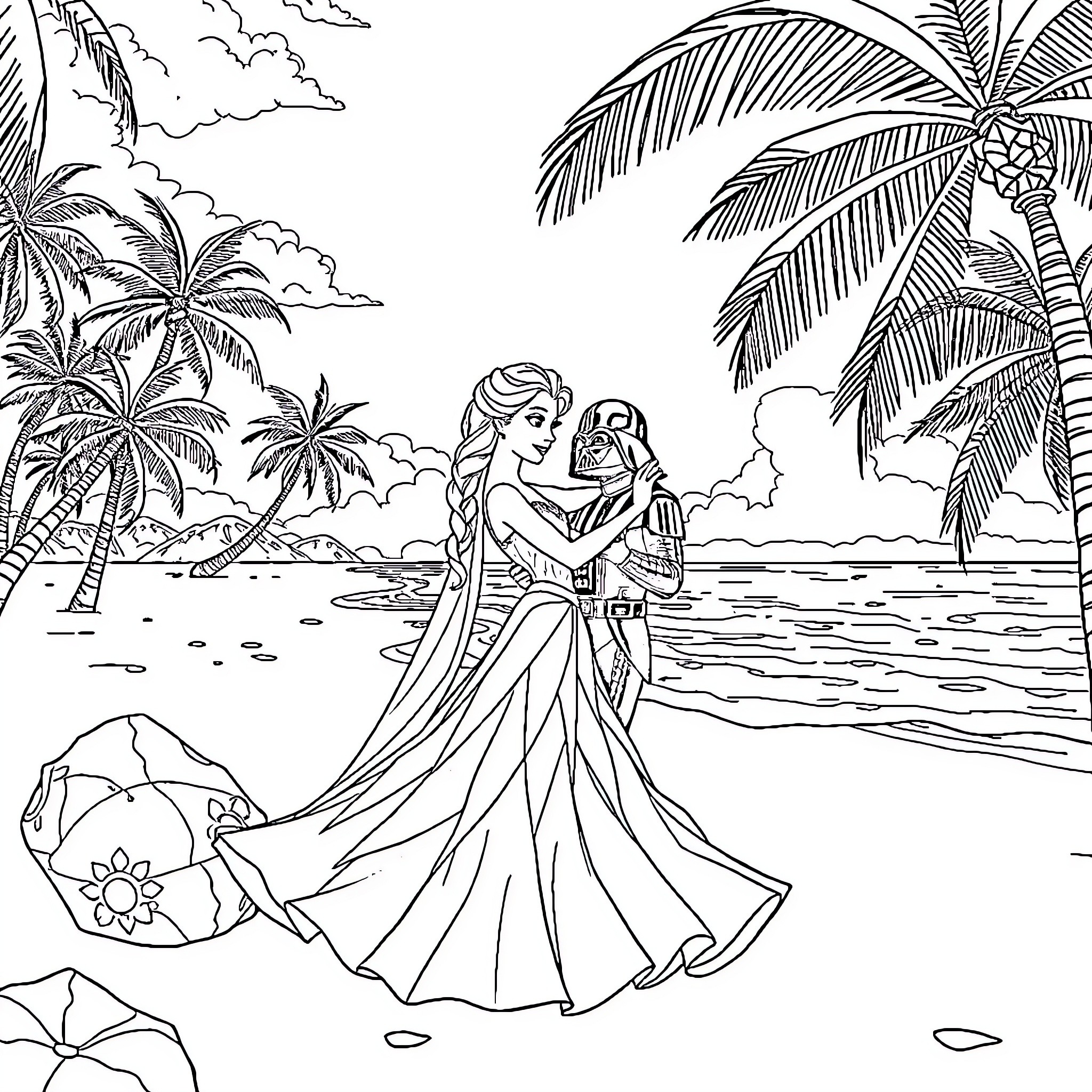 Elsa's Tropical Adventure on the Beach Coloring Page (free black-and-white line drawing printable PDF for all, from beginners to advanced learners, including children, teens, adults, and seniors)