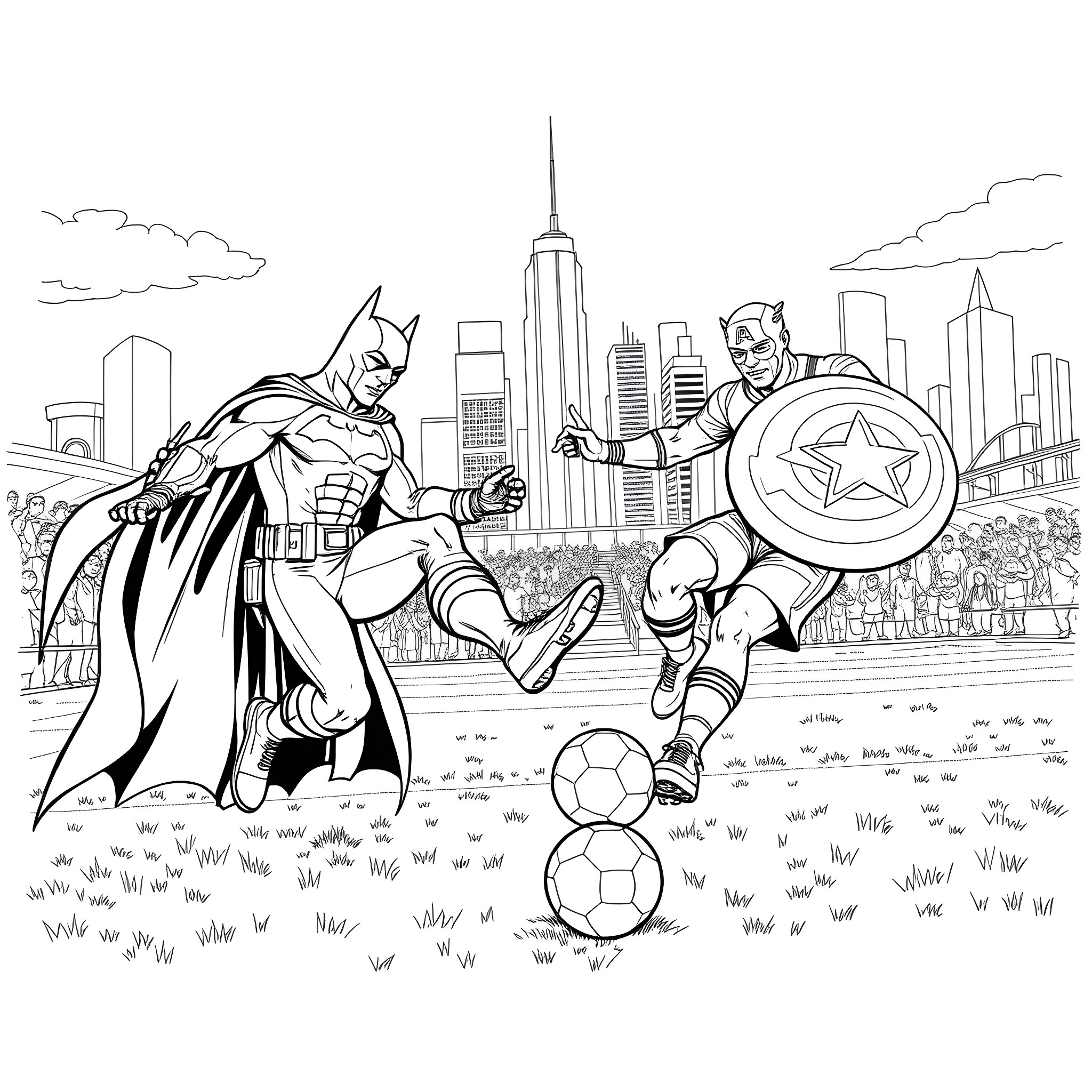 Batman and Captain America battle it out on the field Coloring Page (free black-and-white line drawing printable PDF for all, from beginners to advanced learners, including children, teens, adults, and seniors)
