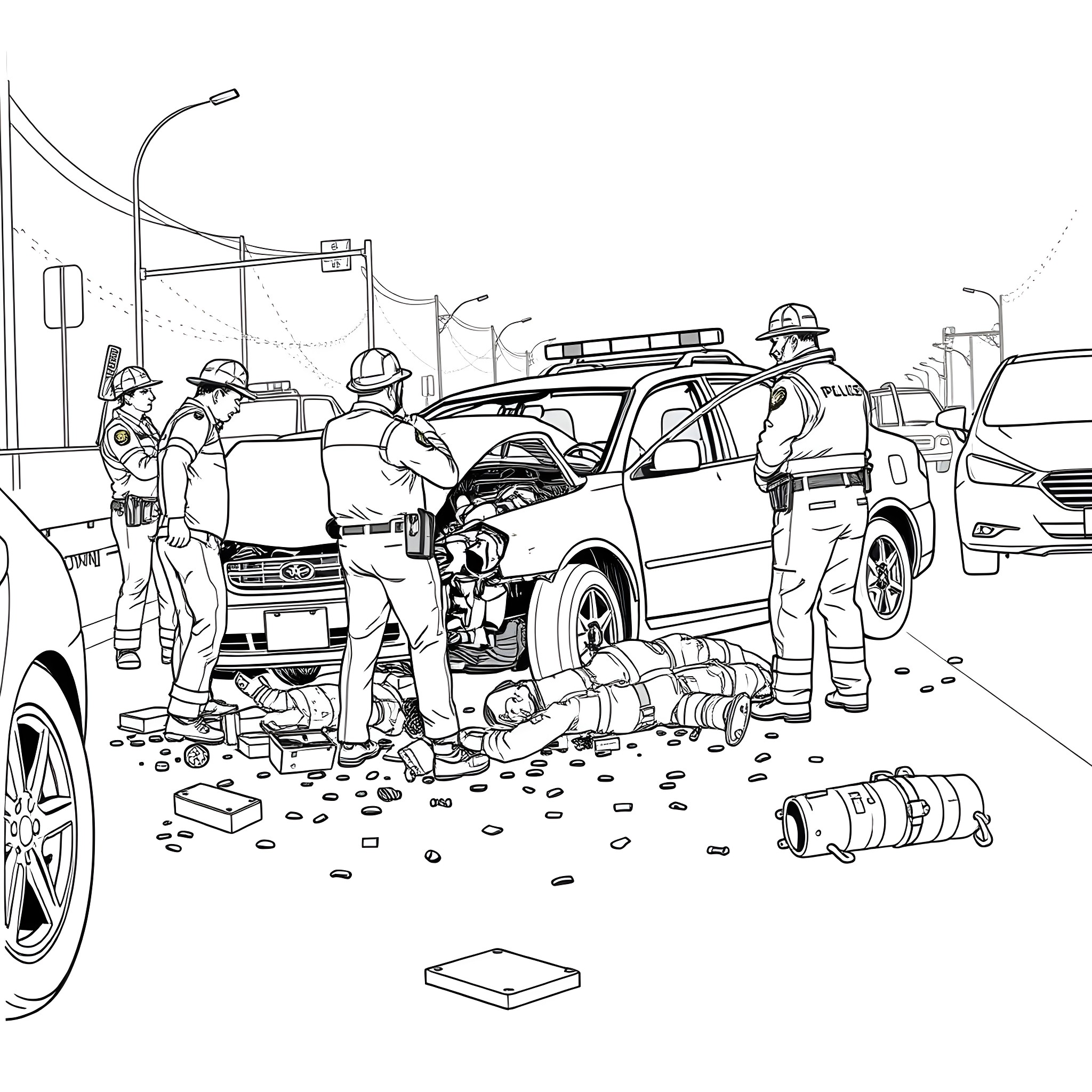 Car Accident Scene with Emergency Responders Coloring Page (free black-and-white line drawing printable PDF for all, from beginners to advanced learners, including children, teens, adults, and seniors)
