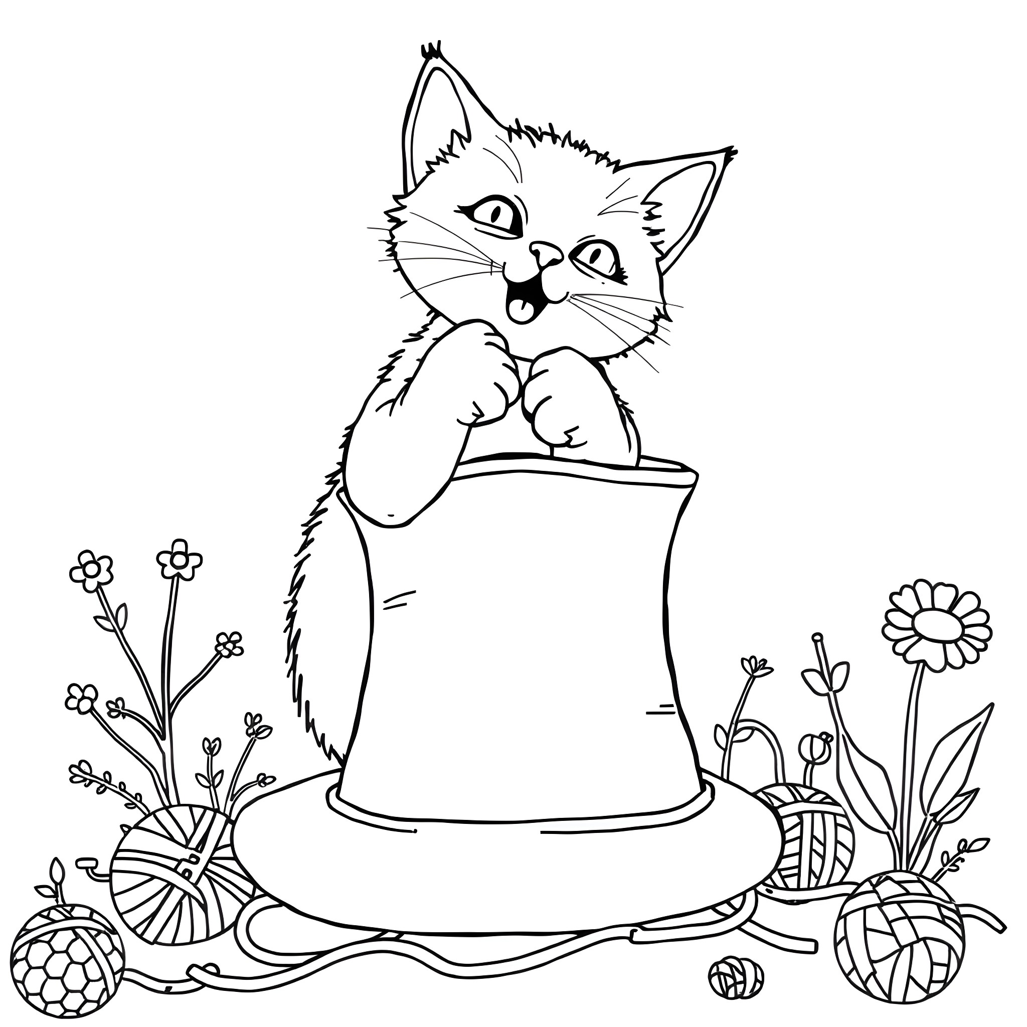 Cat playing with yarn and flowers Coloring Page (free black-and-white line drawing printable PDF for all, from beginners to advanced learners, including children, teens, adults, and seniors)