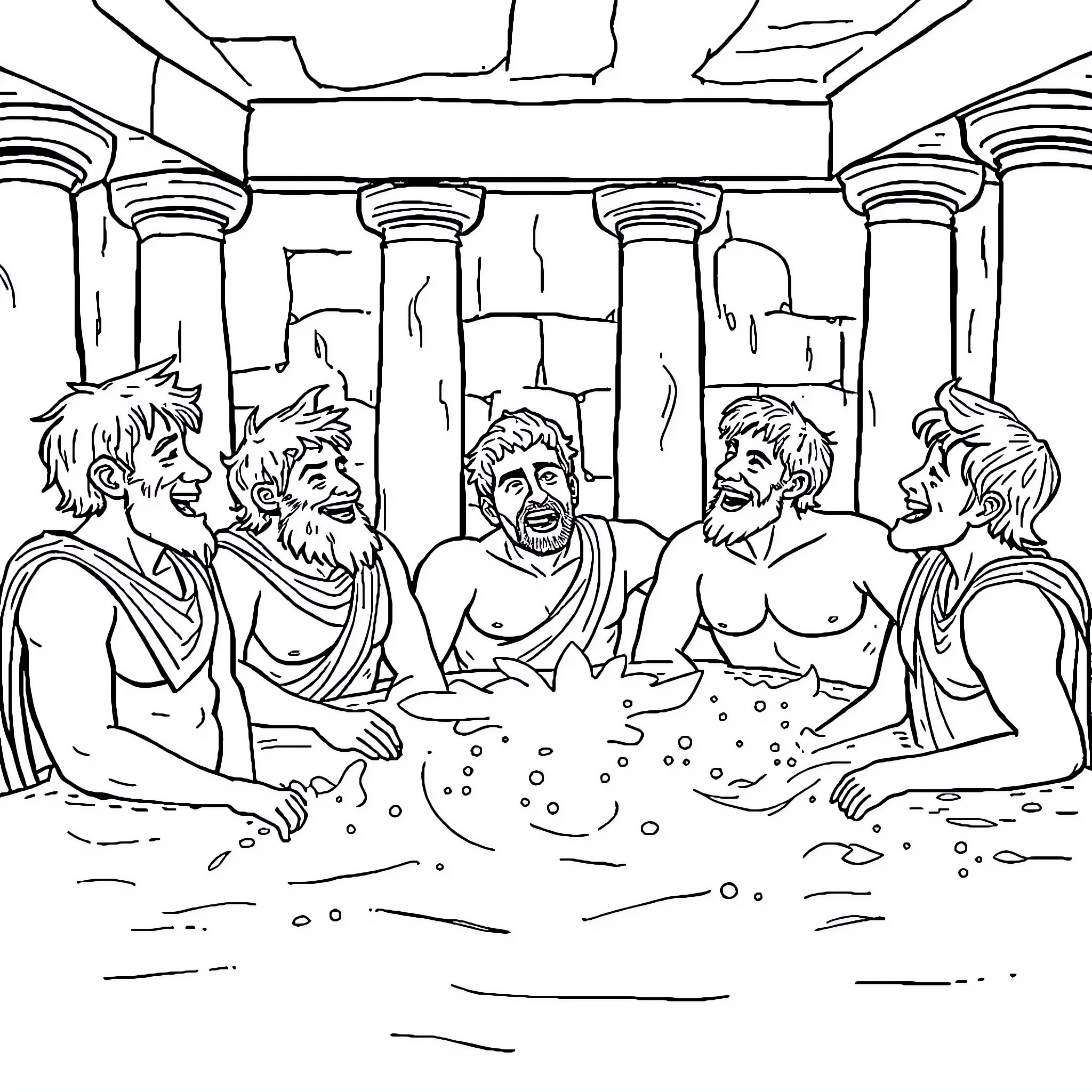 Roman Philosophers Engaged in Animated Discussion Coloring Page (free black-and-white line drawing printable PDF for all, from beginners to advanced learners, including children, teens, adults, and seniors)