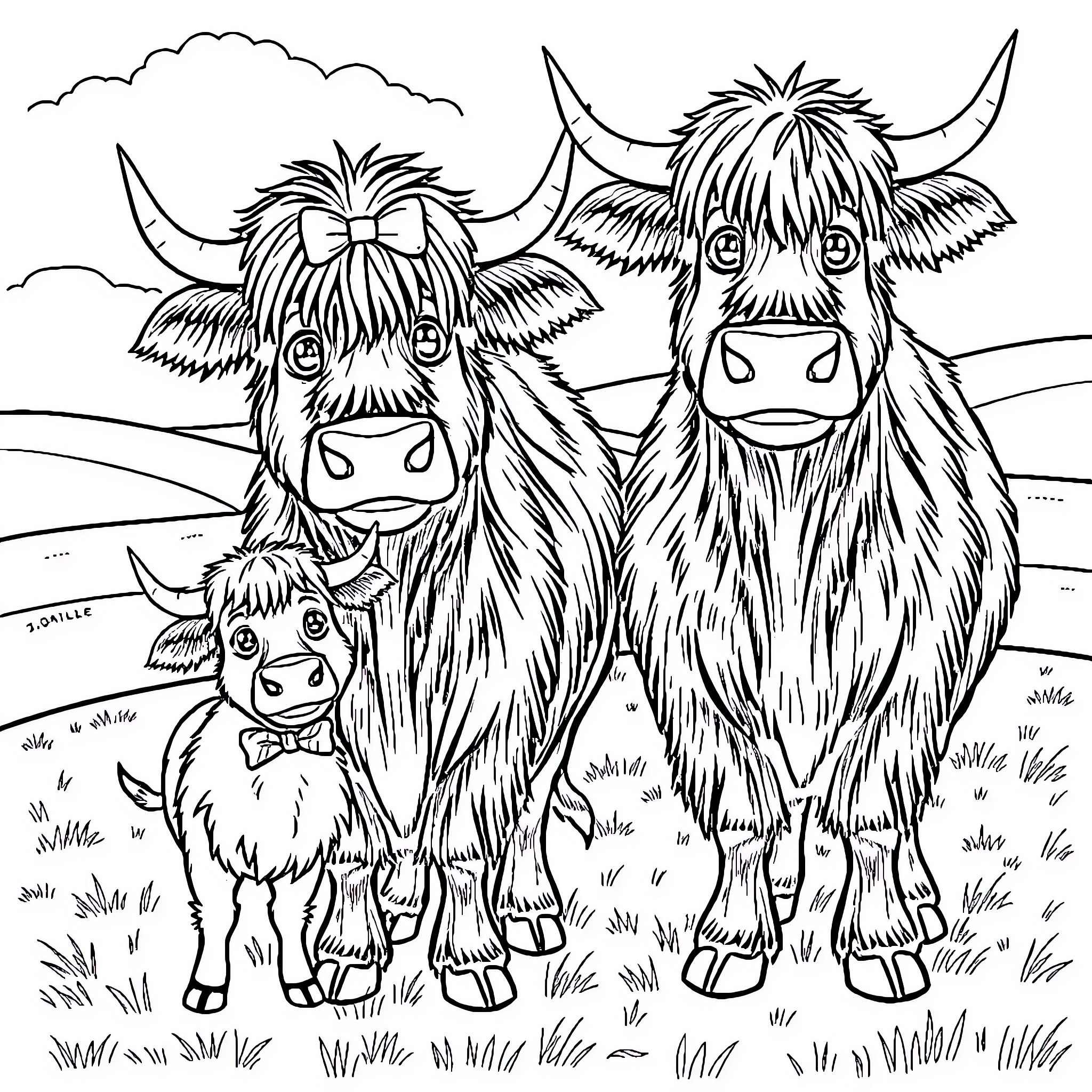 Scottish Highland Cattle in a Pastoral Scene Coloring Page (free black-and-white line drawing printable PDF for all, from beginners to advanced learners, including children, teens, adults, and seniors)