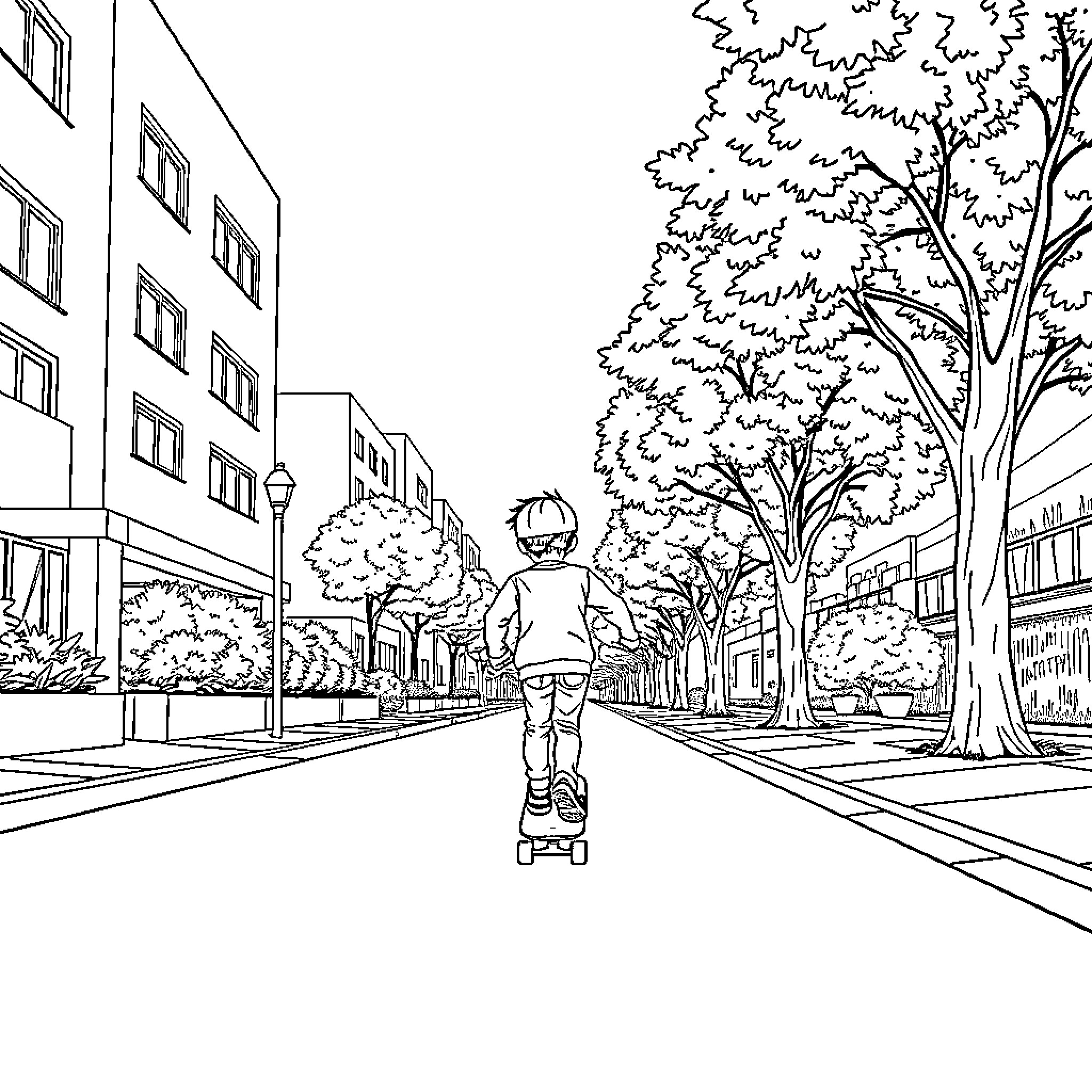 Boy riding skateboard through urban park Coloring Page (free black-and-white line drawing printable PDF for all, from beginners to advanced learners, including children, teens, adults, and seniors)