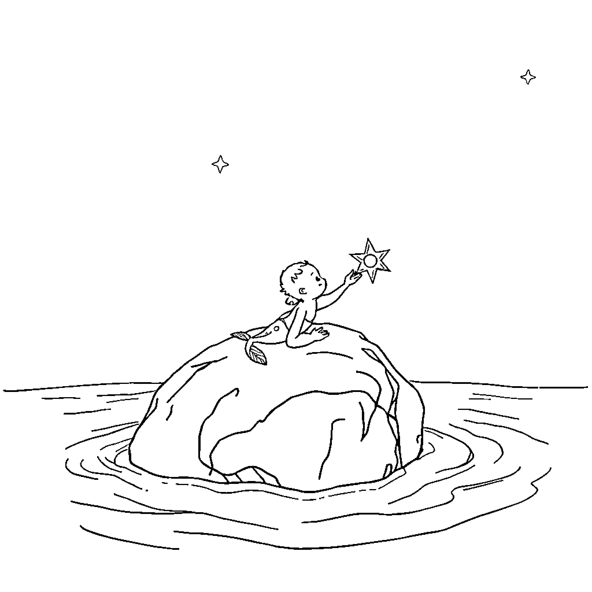 Siren sitting on a rock and gazing at the stars Coloring Page (free black-and-white line drawing printable PDF for all, from beginners to advanced learners, including children, teens, adults, and seniors)