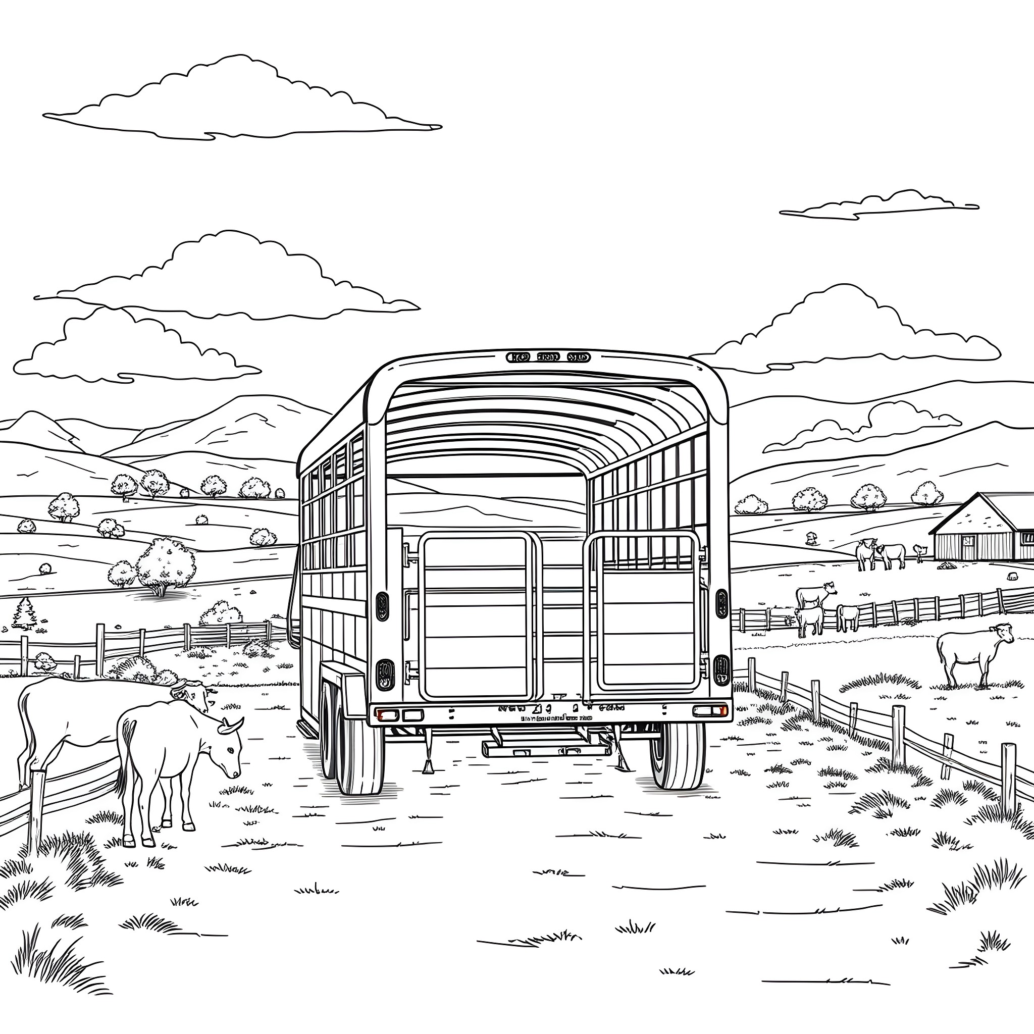 Livestock Trailer Transporting Animals in Serene Countryside Coloring Page (free black-and-white line drawing printable PDF for all, from beginners to advanced learners, including children, teens, adults, and seniors)