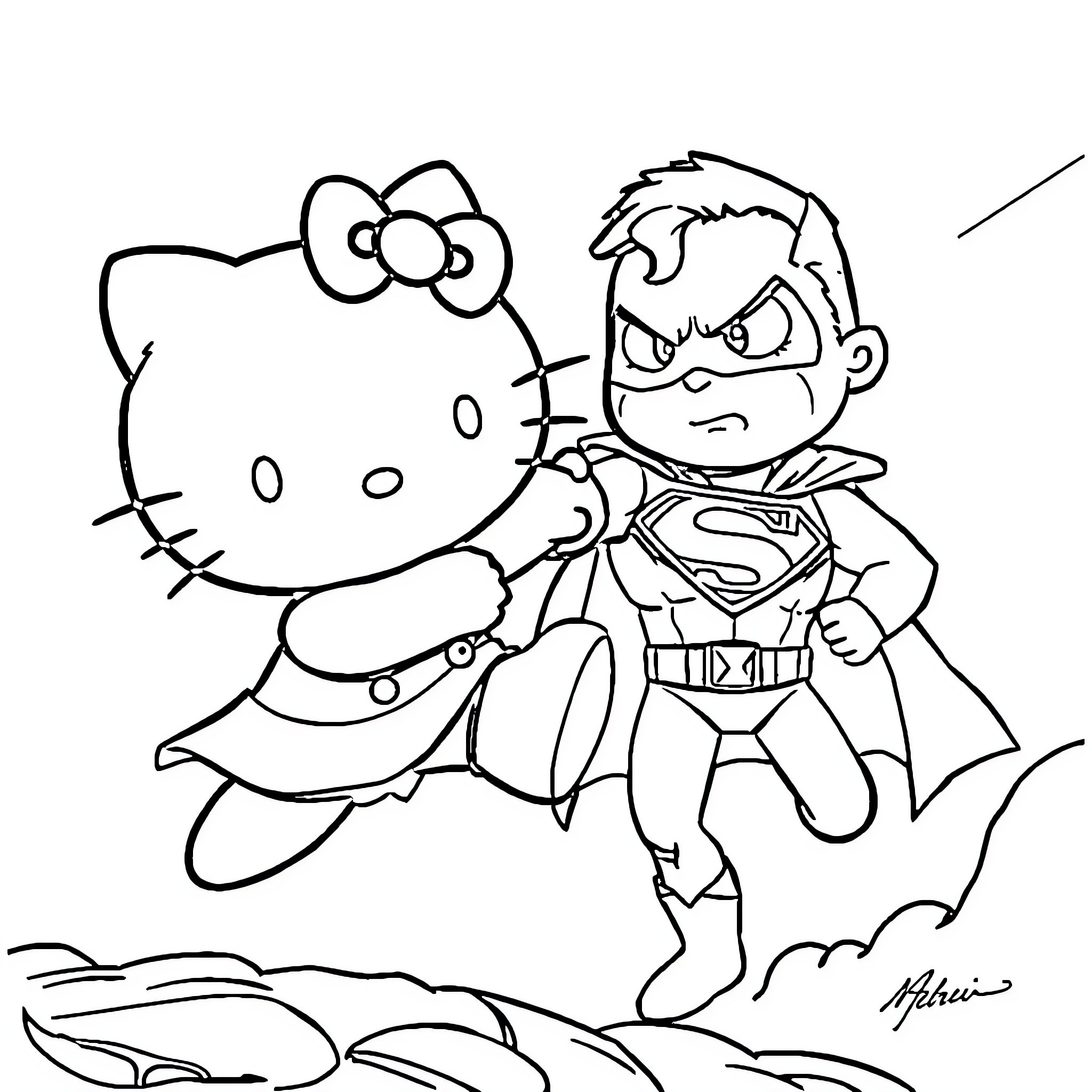 Hello Kitty and Superman in Heroic Pose Coloring Page (free black-and-white line drawing printable PDF for all, from beginners to advanced learners, including children, teens, adults, and seniors)