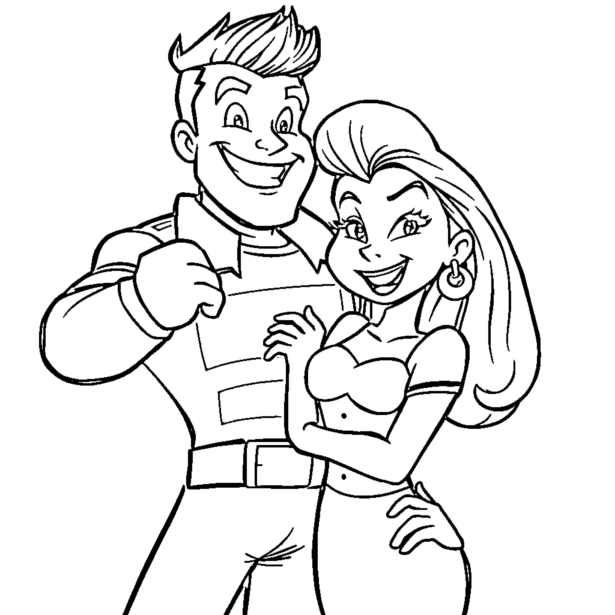 Johnny Bravo and his Romantic Interest Coloring Page (free black-and-white line drawing printable PDF for all, from beginners to advanced learners, including children, teens, adults, and seniors)