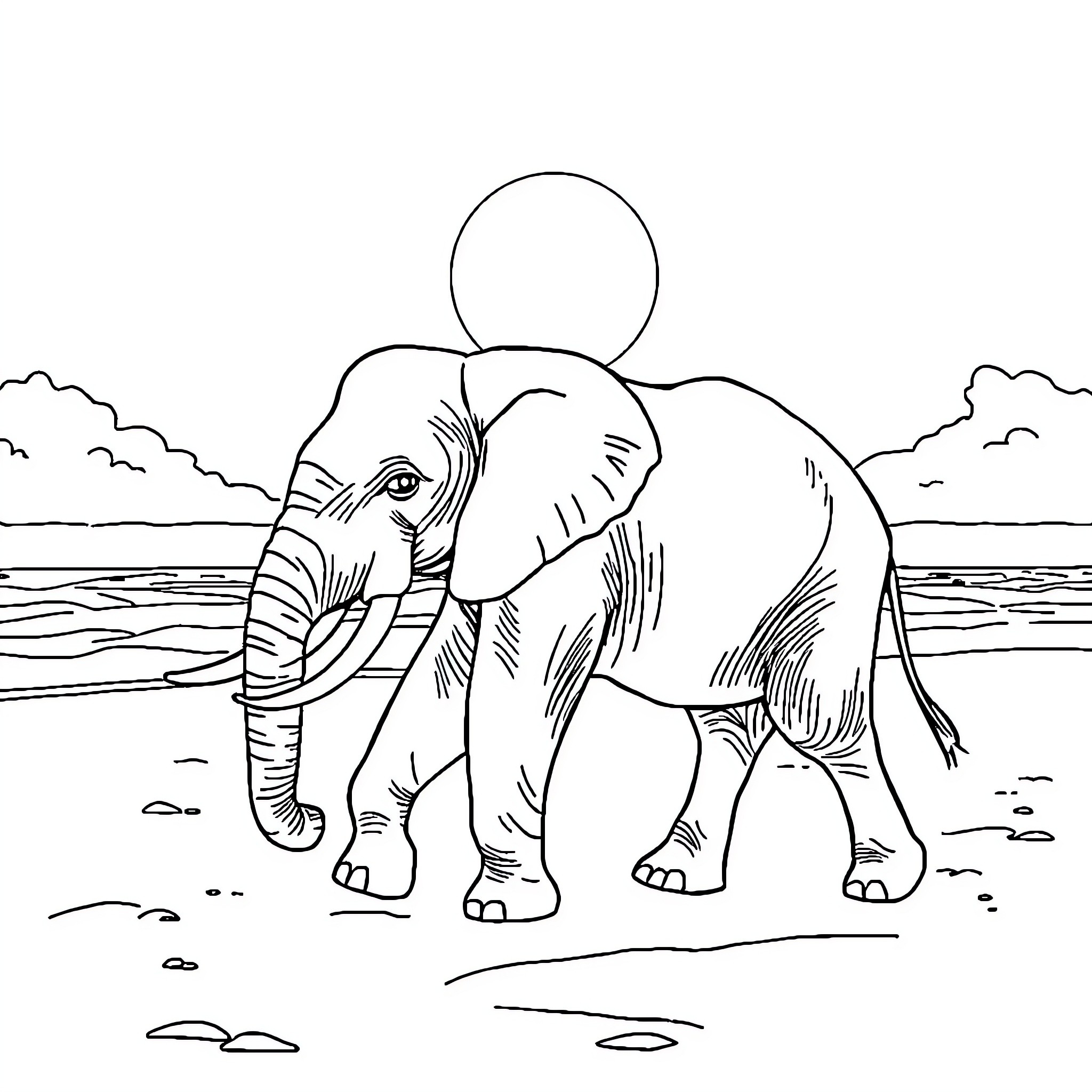Elephant walking across the savanna Coloring Page (free black-and-white line drawing printable PDF for all, from beginners to advanced learners, including children, teens, adults, and seniors)