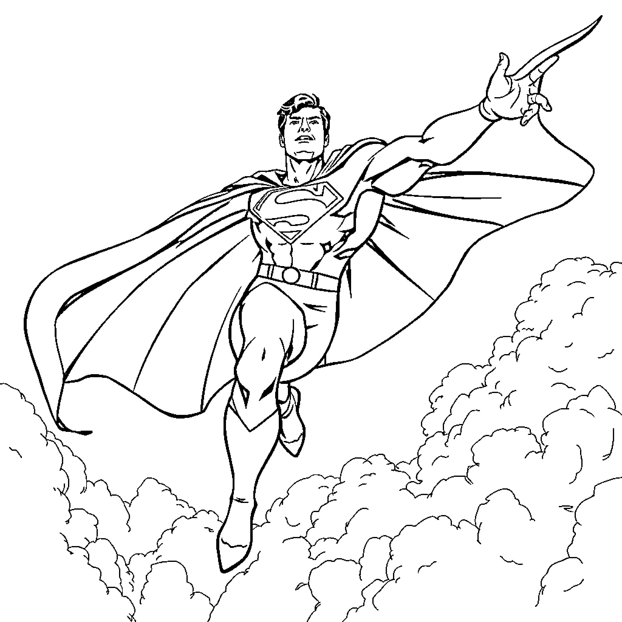 Superman soaring through the clouds with determination Coloring Page (free black-and-white line drawing printable PDF for all, from beginners to advanced learners, including children, teens, adults, and seniors)