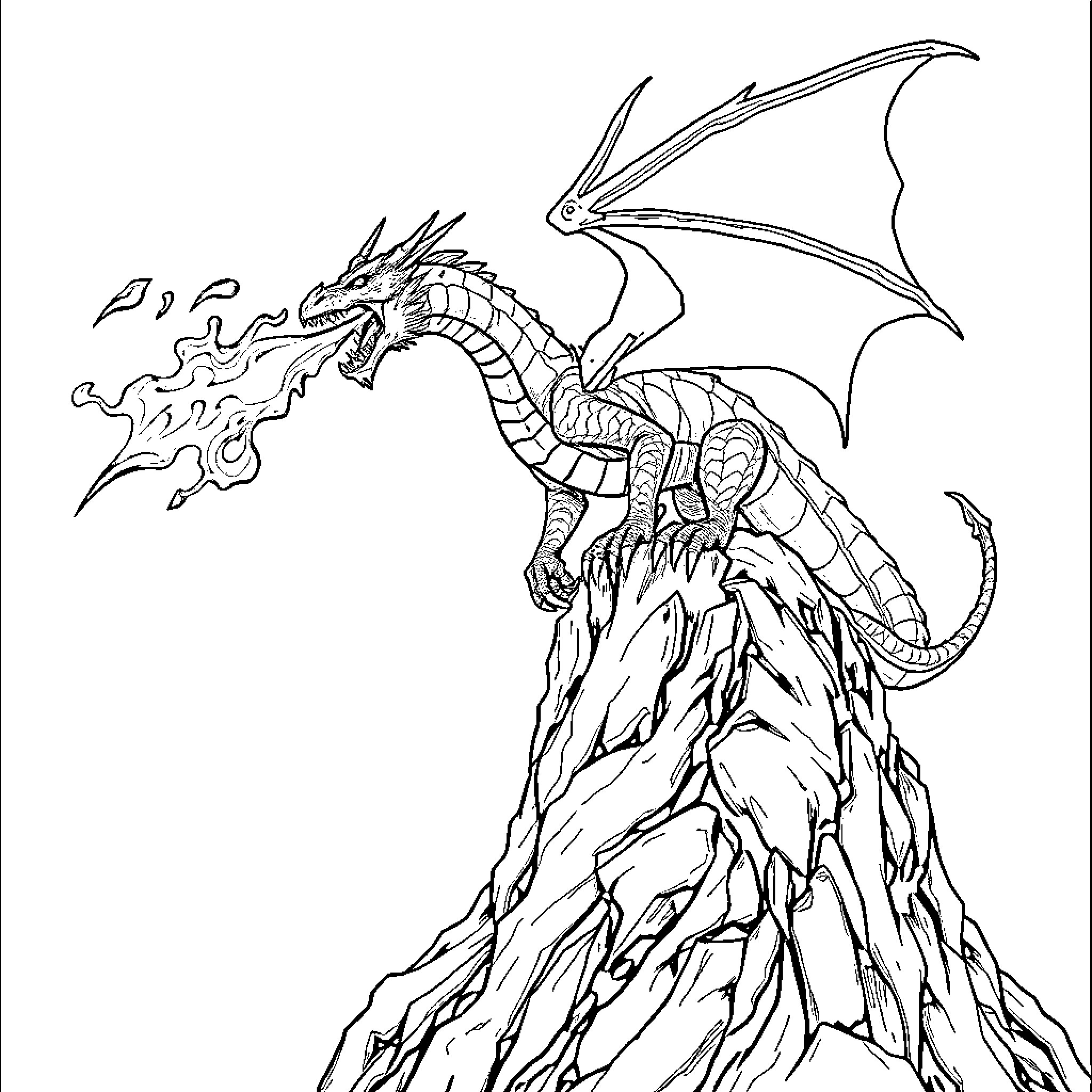 Dragon unleashing fiery breath on mountain peak Coloring Page (free black-and-white line drawing printable PDF for all, from beginners to advanced learners, including children, teens, adults, and seniors)
