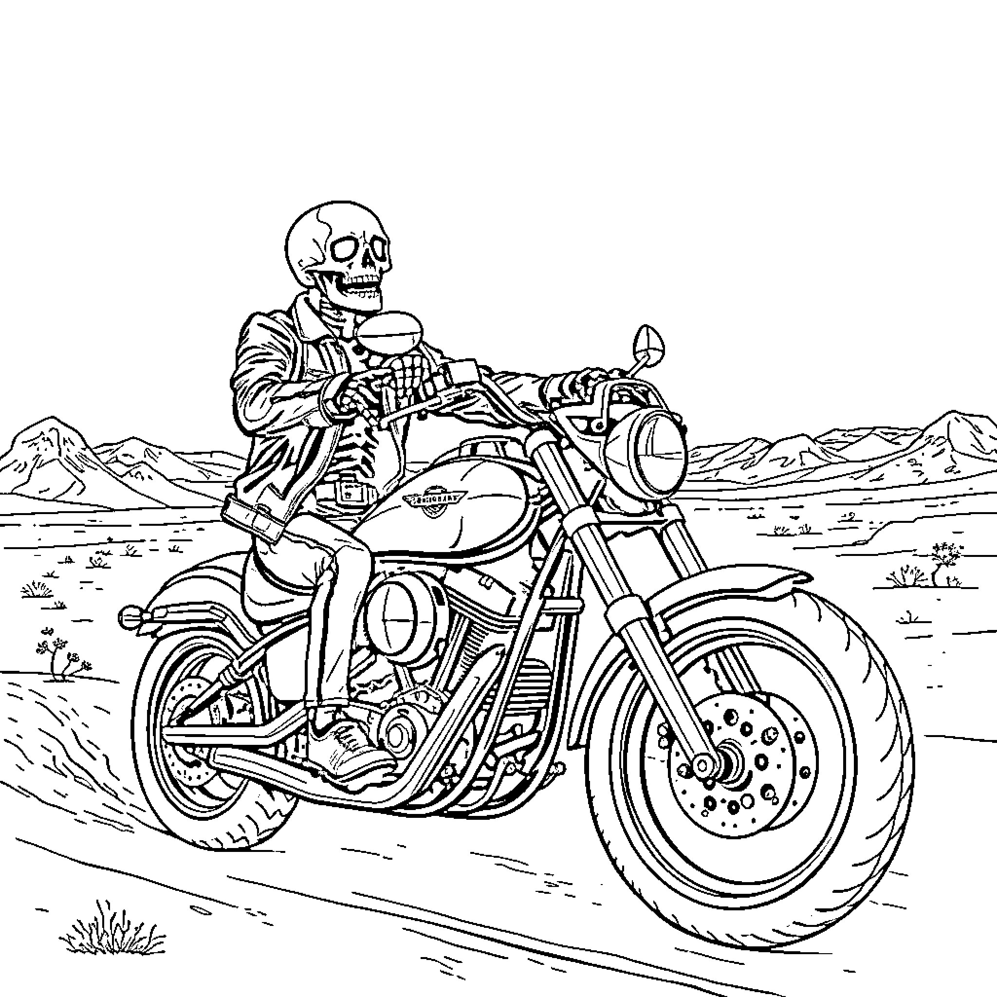 Skeleton biker cruising through the desert landscape Coloring Page (free black-and-white line drawing printable PDF for all, from beginners to advanced learners, including children, teens, adults, and seniors)
