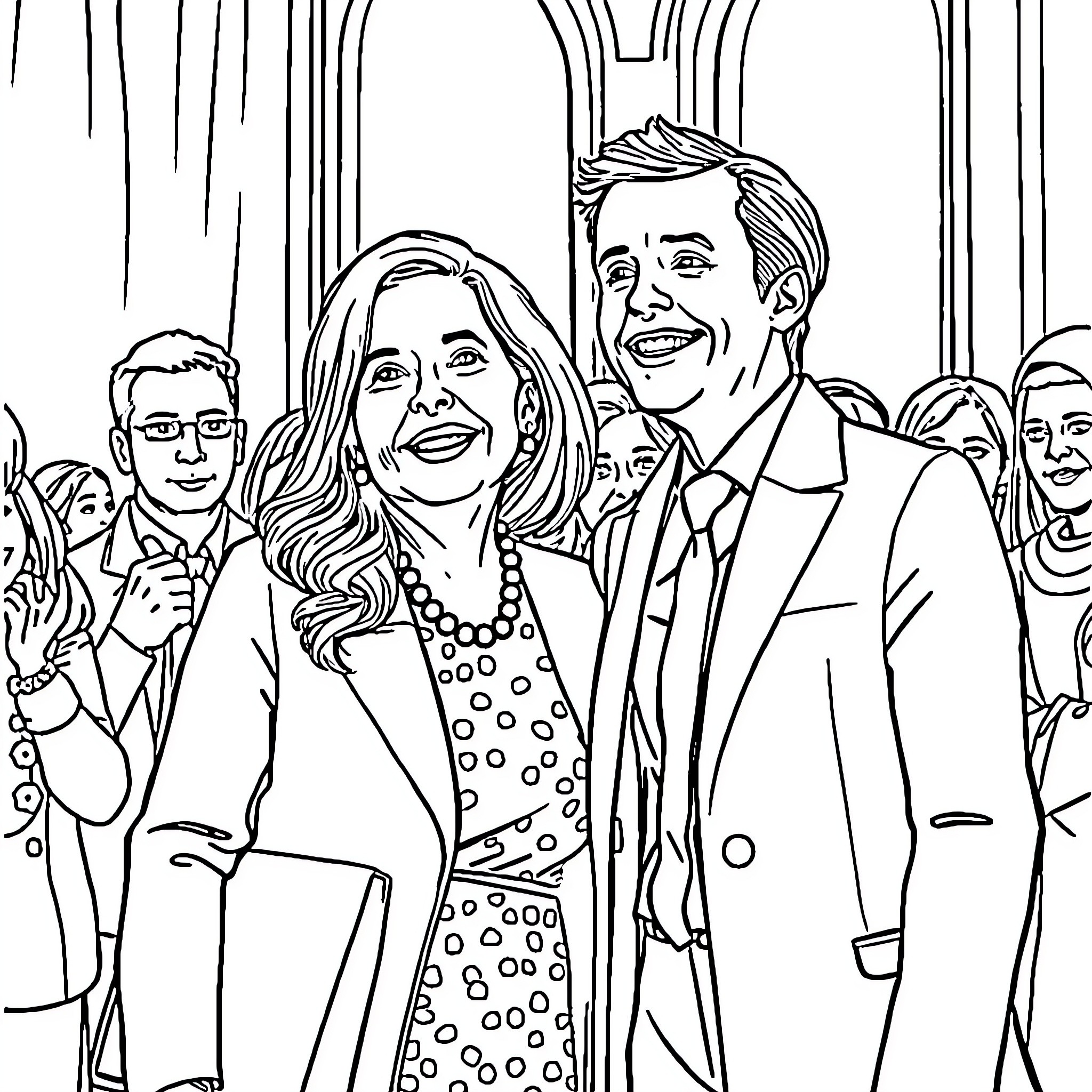 Nun in Formal Gathering with Smiling Attendees Coloring Page (free black-and-white line drawing printable PDF for all, from beginners to advanced learners, including children, teens, adults, and seniors)