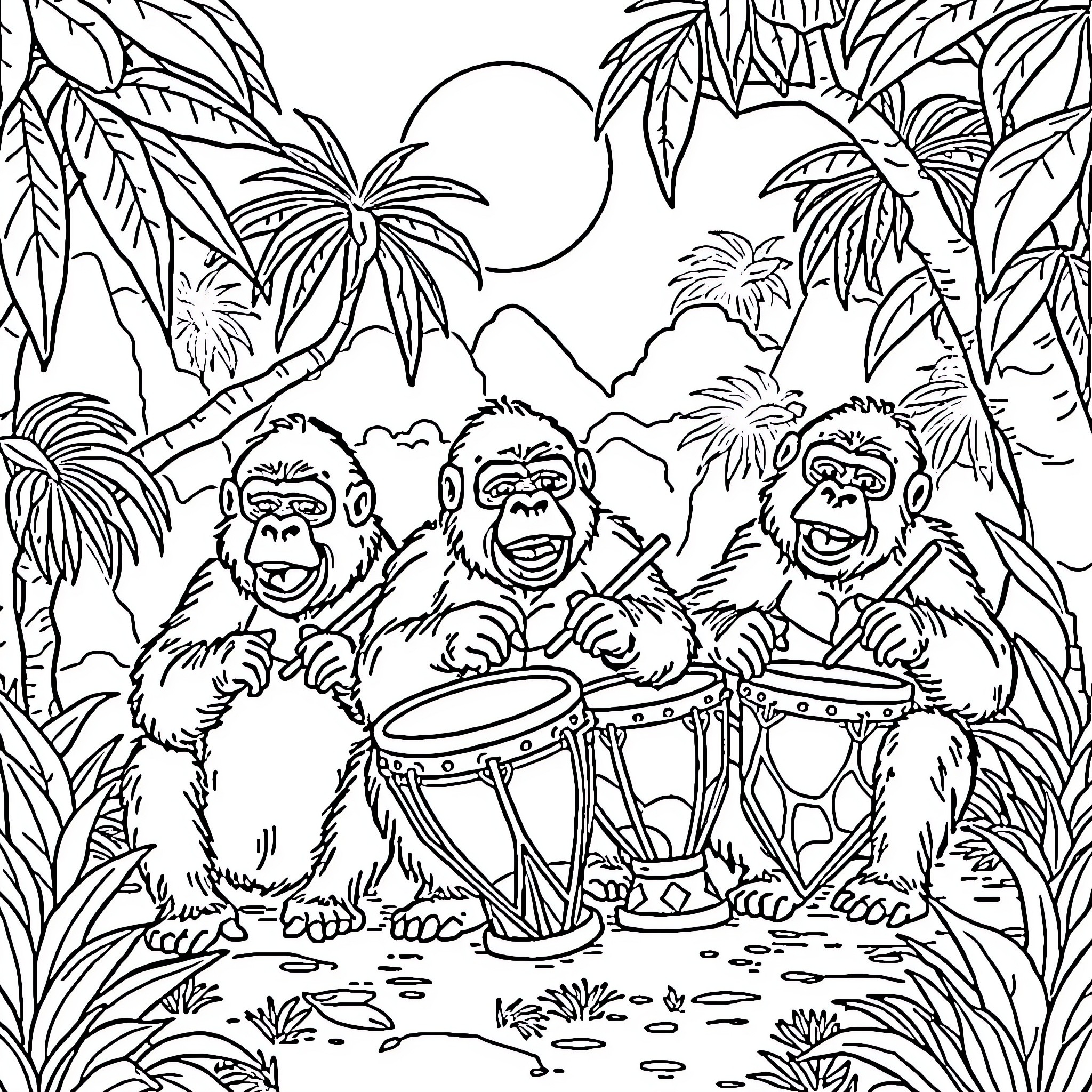 Gorillas drumming joyfully in the tropical jungle Coloring Page (free black-and-white line drawing printable PDF for all, from beginners to advanced learners, including children, teens, adults, and seniors)