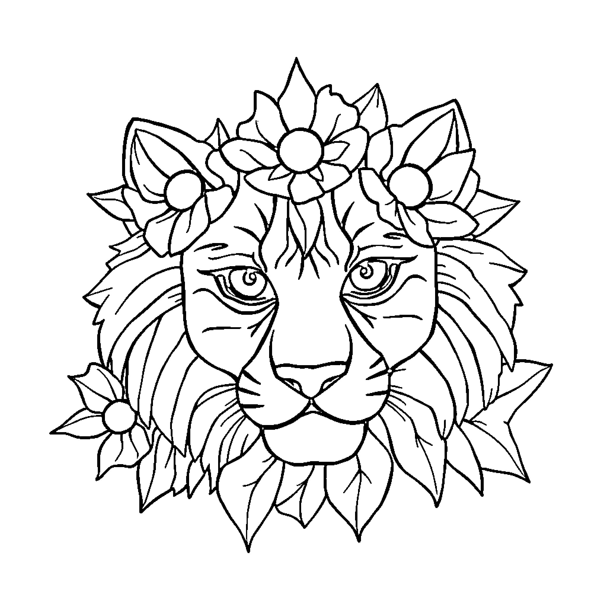 Number Lion with Floral Adornments Coloring Page (free black-and-white line drawing printable PDF for all, from beginners to advanced learners, including children, teens, adults, and seniors)