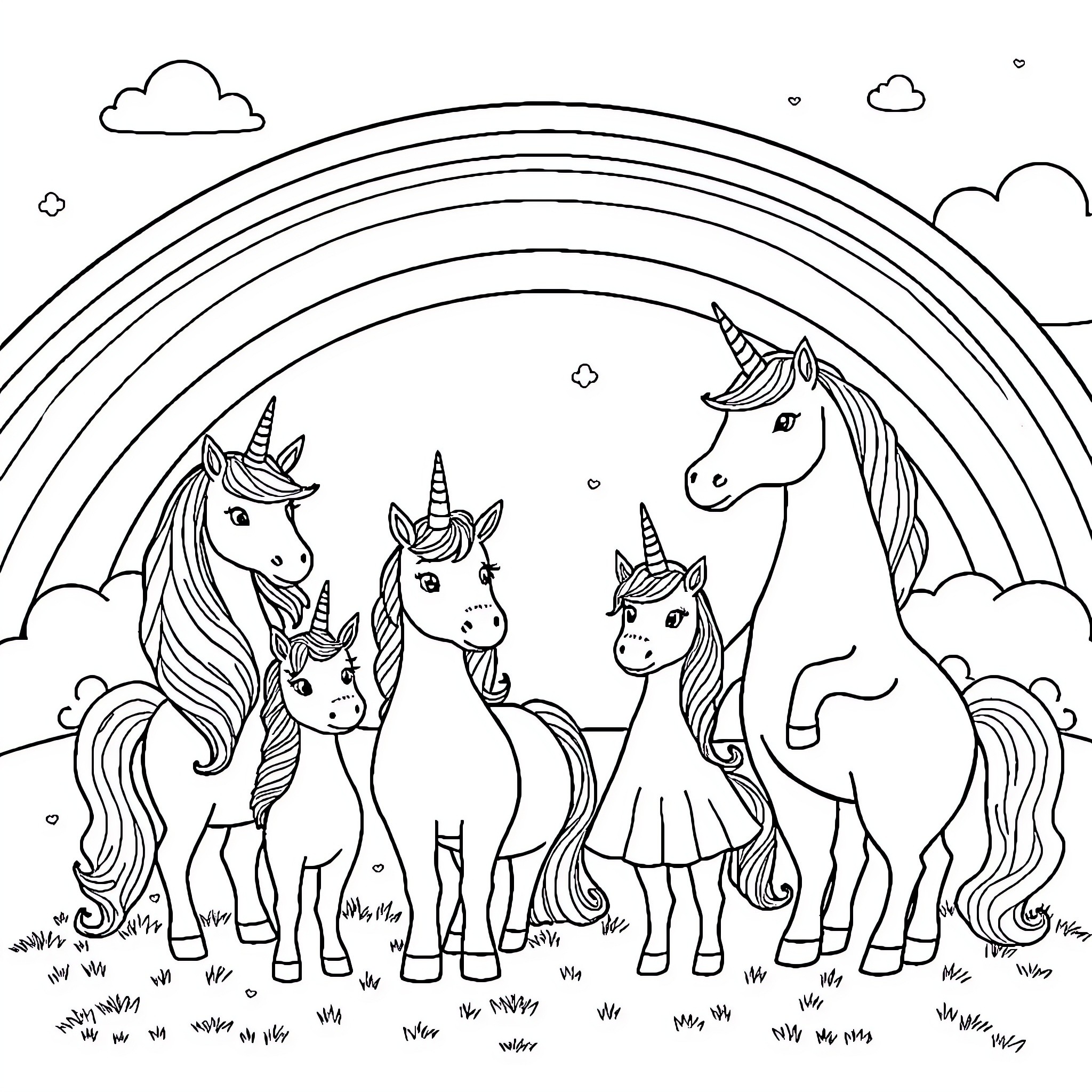 Unicorns frolicking under a rainbow Coloring Page (free black-and-white line drawing printable PDF for all, from beginners to advanced learners, including children, teens, adults, and seniors)