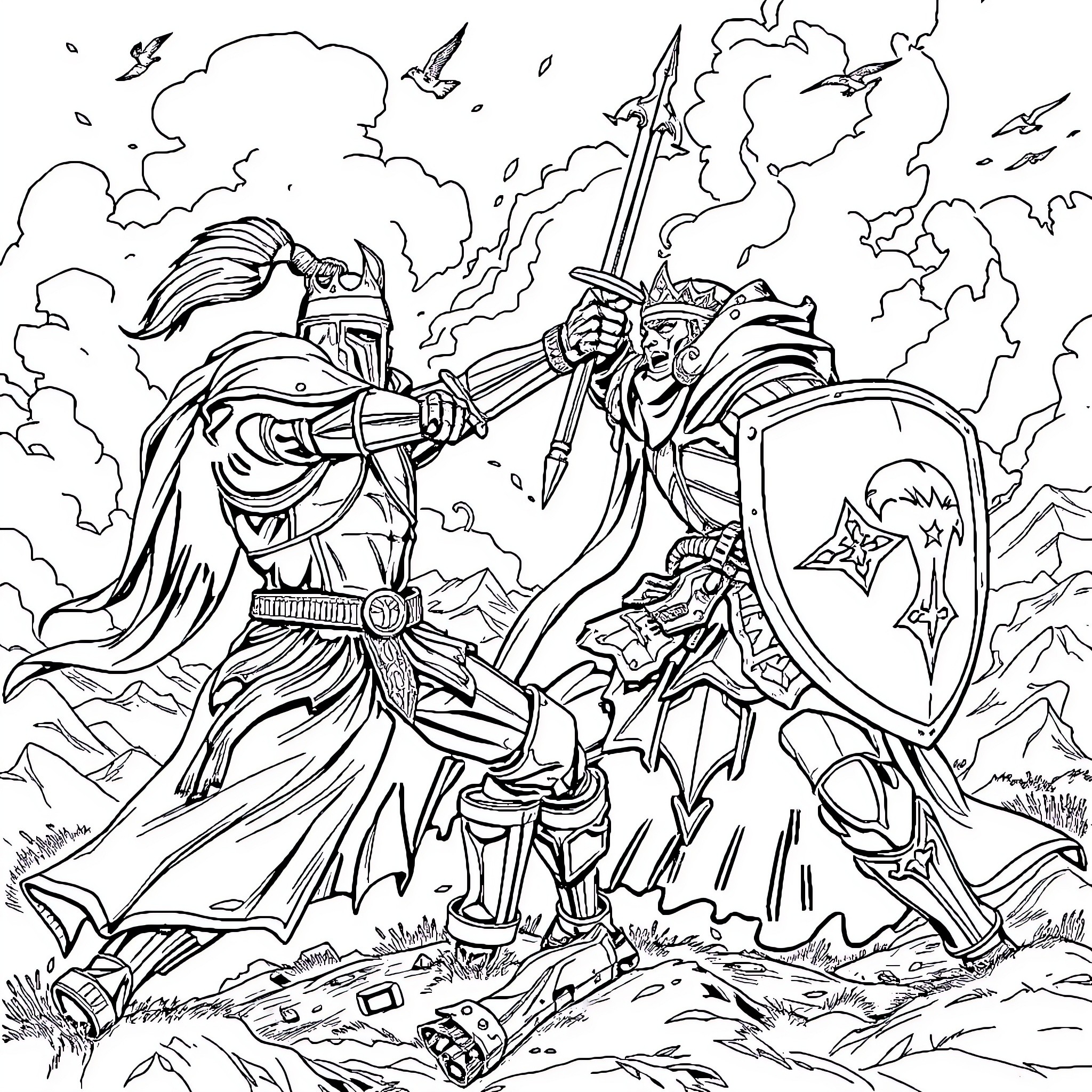 King's Heroic Battle Against Formidable Foes Coloring Page (free black-and-white line drawing printable PDF for all, from beginners to advanced learners, including children, teens, adults, and seniors)