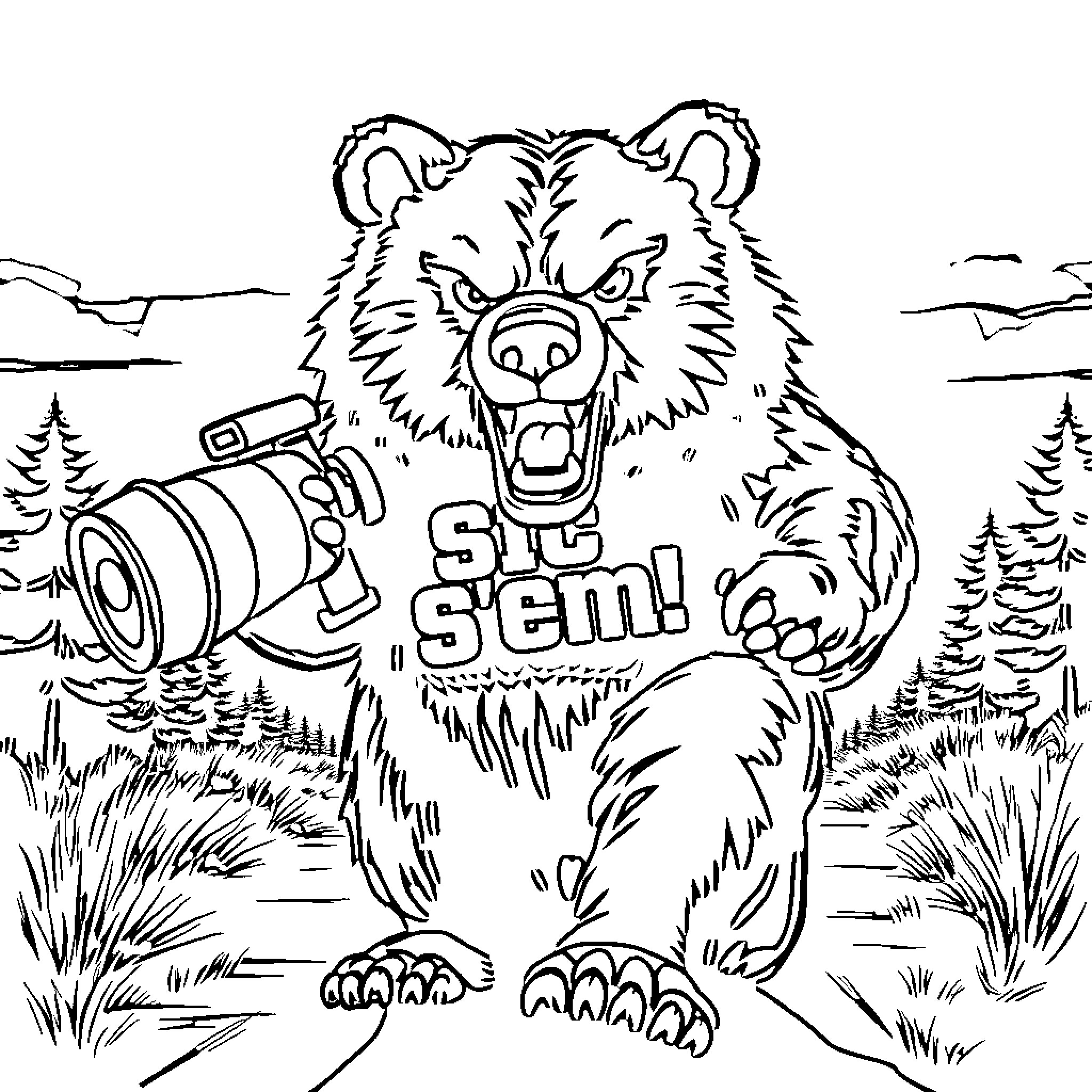 Bear shouting aggressively while wielding a camera Coloring Page (free black-and-white line drawing printable PDF for all, from beginners to advanced learners, including children, teens, adults, and seniors)