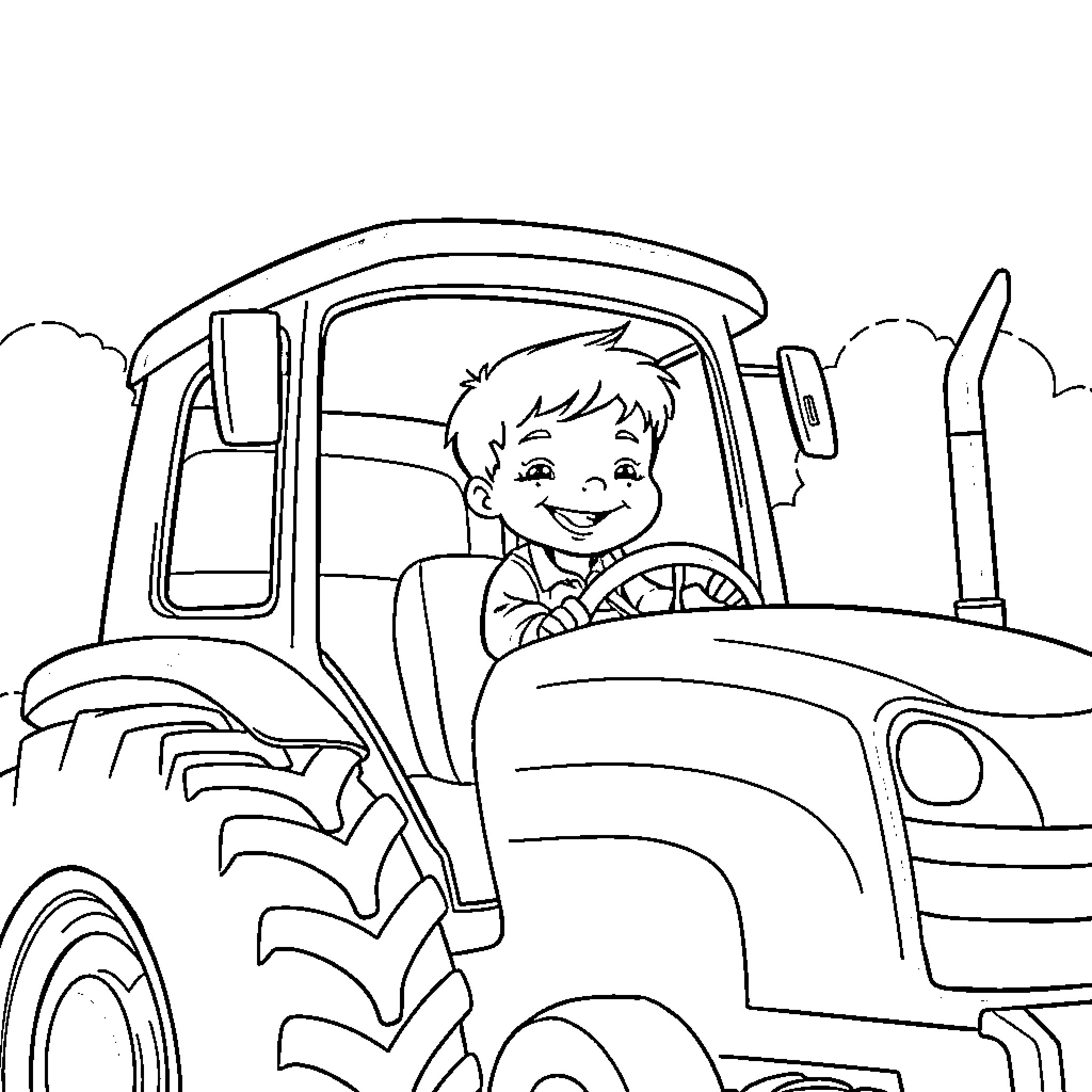 Boy driving tractor with excitement Coloring Page (free black-and-white line drawing printable PDF for all, from beginners to advanced learners, including children, teens, adults, and seniors)
