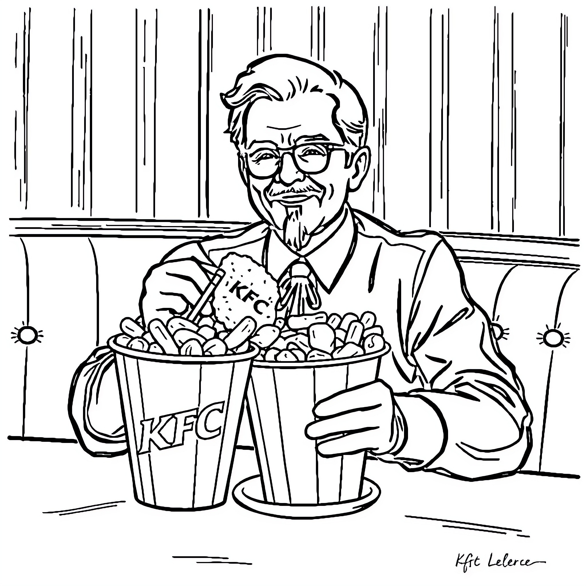 Charles Leclerc Enjoys KFC Meal in Formal Attire Coloring Page (free black-and-white line drawing printable PDF for all, from beginners to advanced learners, including children, teens, adults, and seniors)