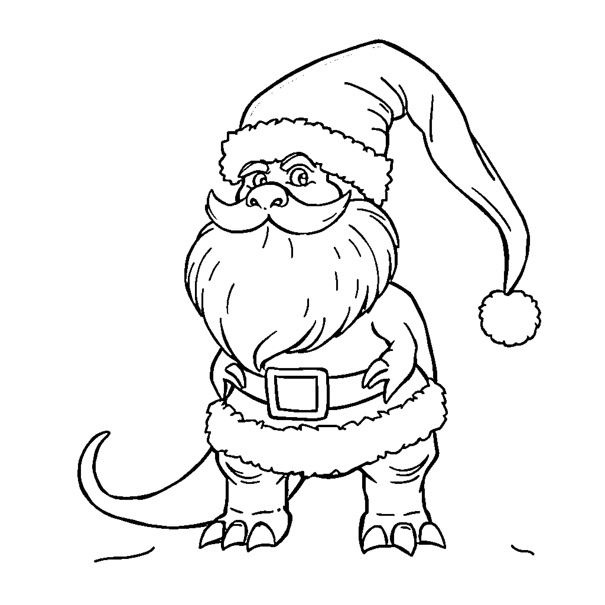 Dinosaur Santa Claus in winter outfit Coloring Page (free black-and-white line drawing printable PDF for all, from beginners to advanced learners, including children, teens, adults, and seniors)