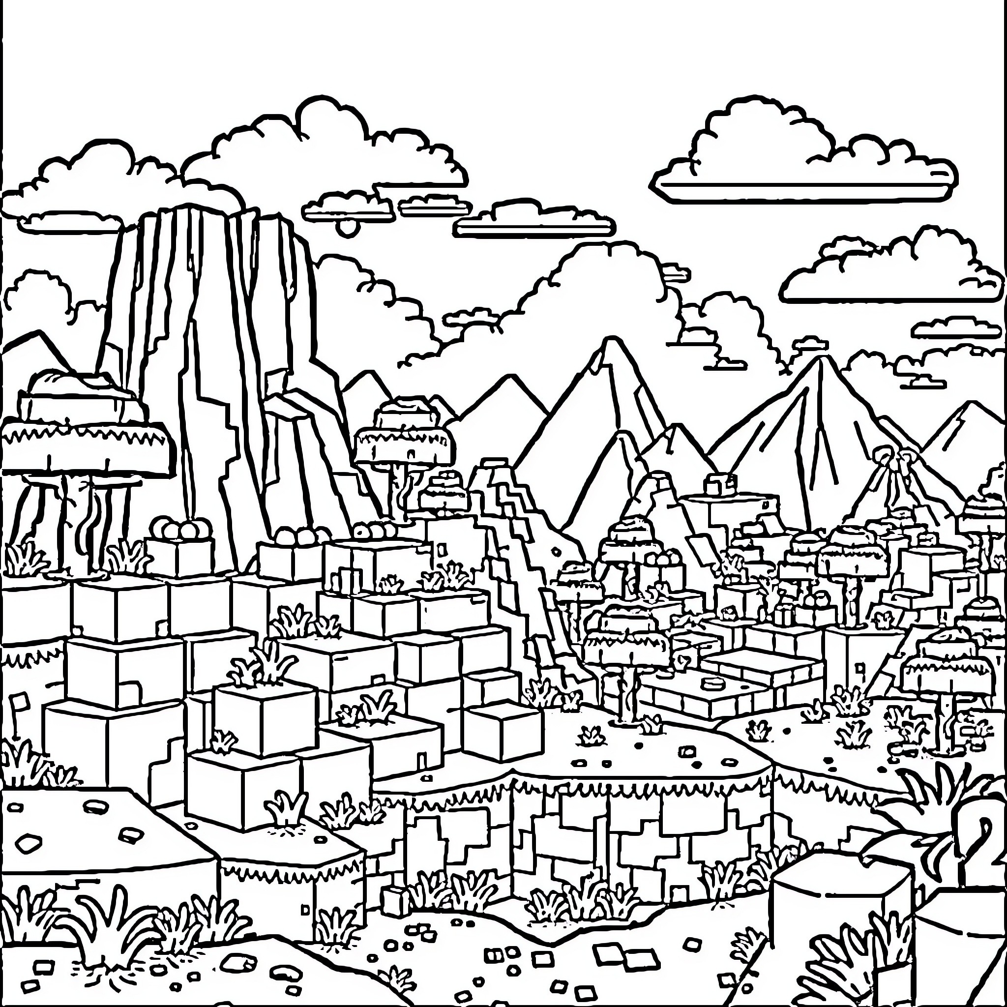 Minecraft landscape with towering mountains and cubical structures Coloring Page (free black-and-white line drawing printable PDF for all, from beginners to advanced learners, including children, teens, adults, and seniors)